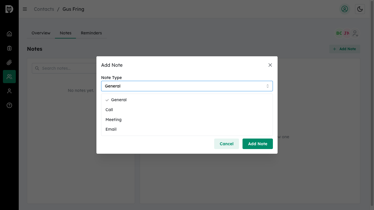 Note type dropdown showing General, Call, Meeting, and Email options