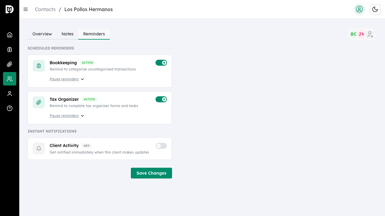 Bookkeeping reminder card with toggle and status badge