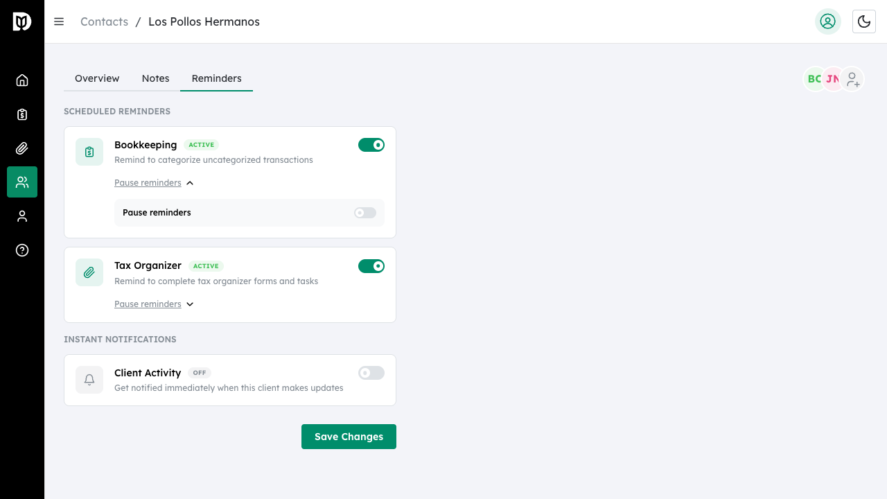 Client Activity toggle in Instant Notifications section