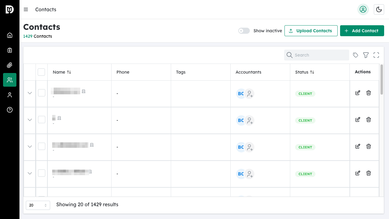Contacts navigation item highlighted in sidebar