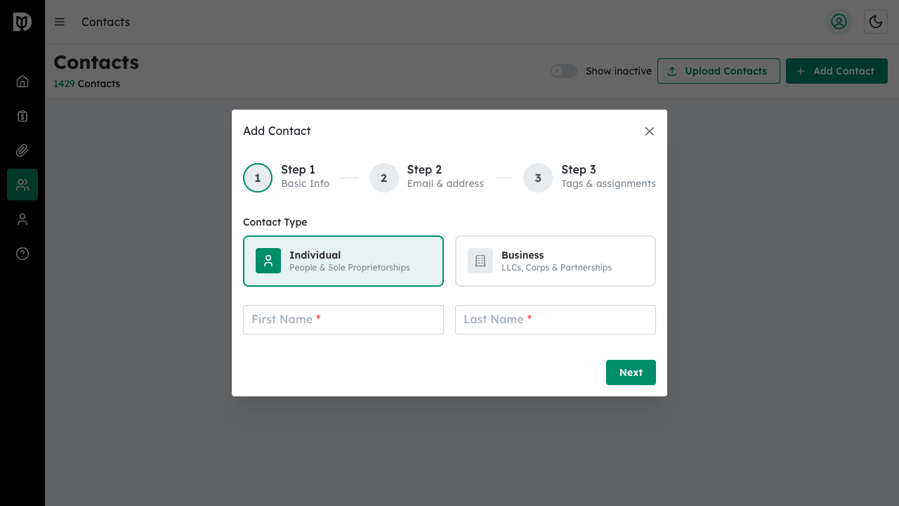 Contact type selection showing Individual and Business options