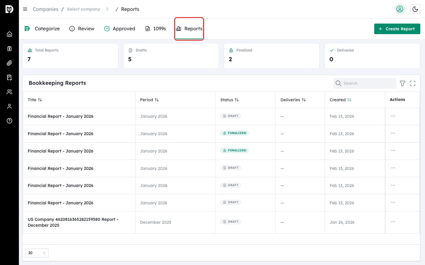 Reports tab highlighted in the company transaction tabs