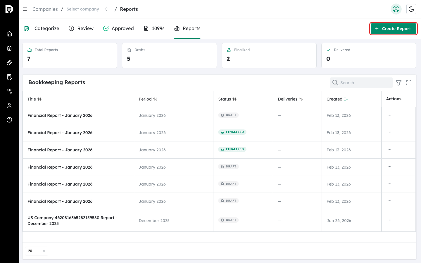 Create Report button highlighted in the Reports tab toolbar