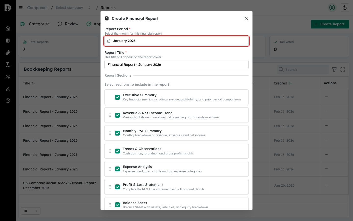 Report Period month picker in the Create Financial Report modal