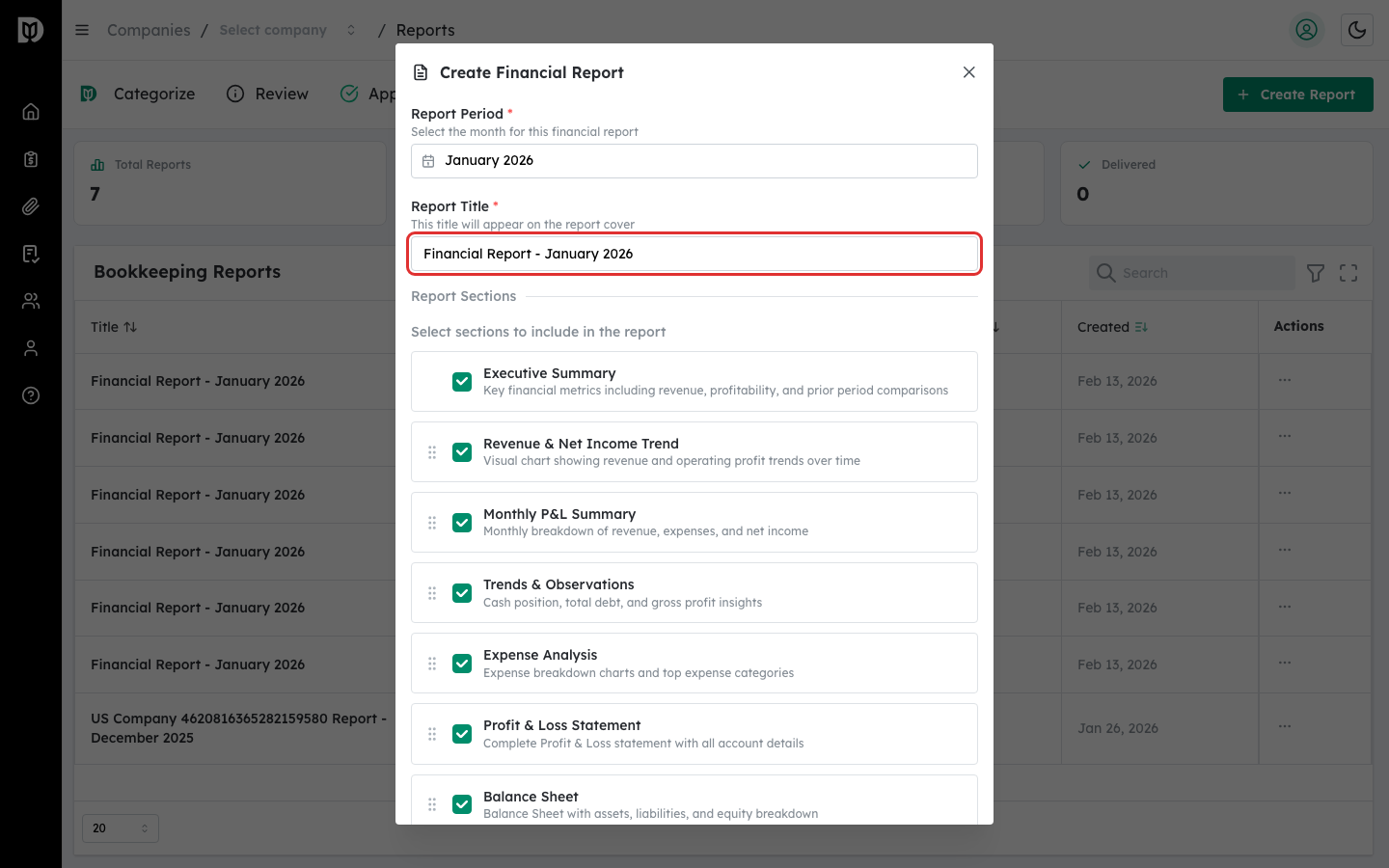 Report Title text input with auto-generated title