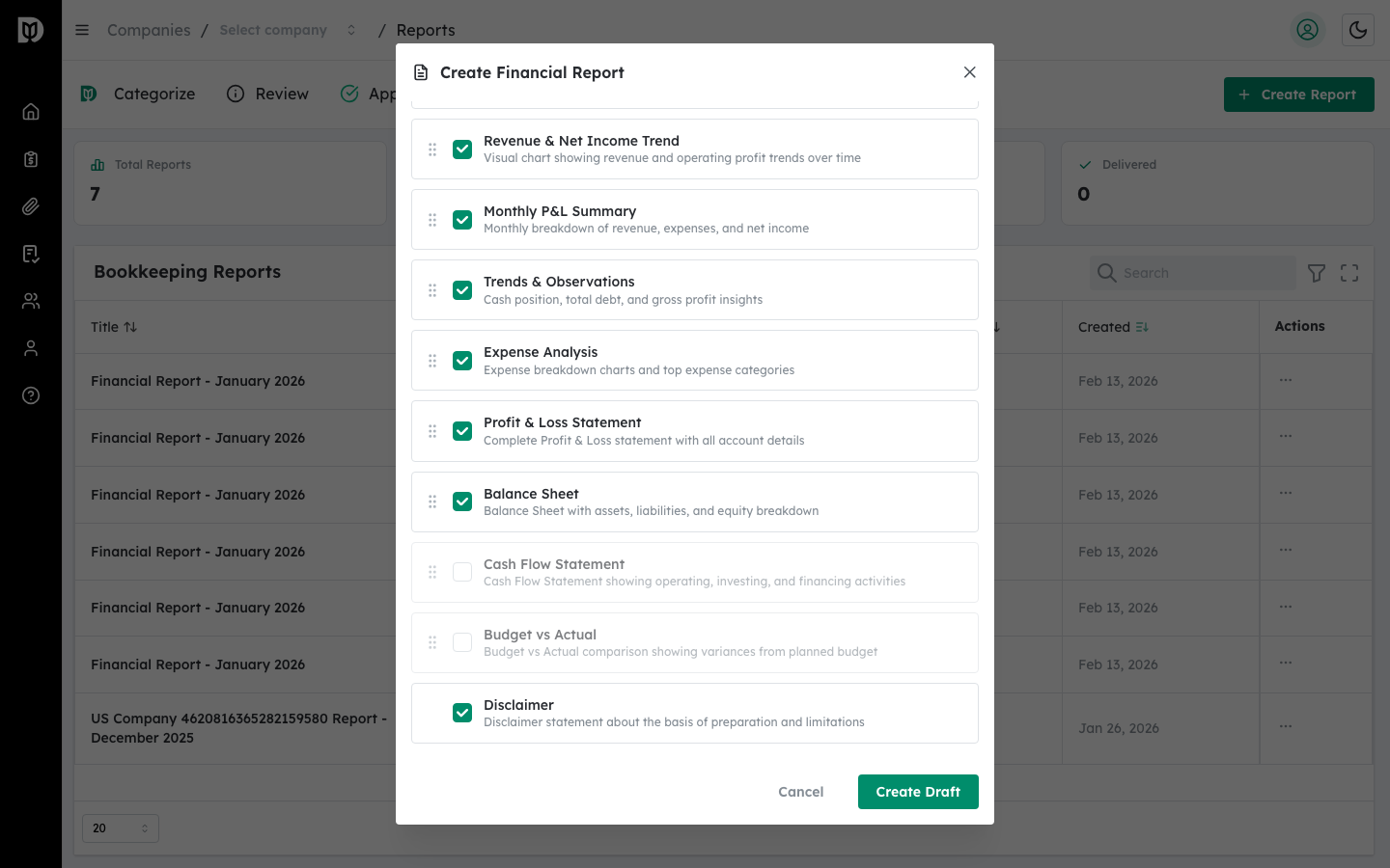 Section Selector showing checkboxes and drag handles for report sections