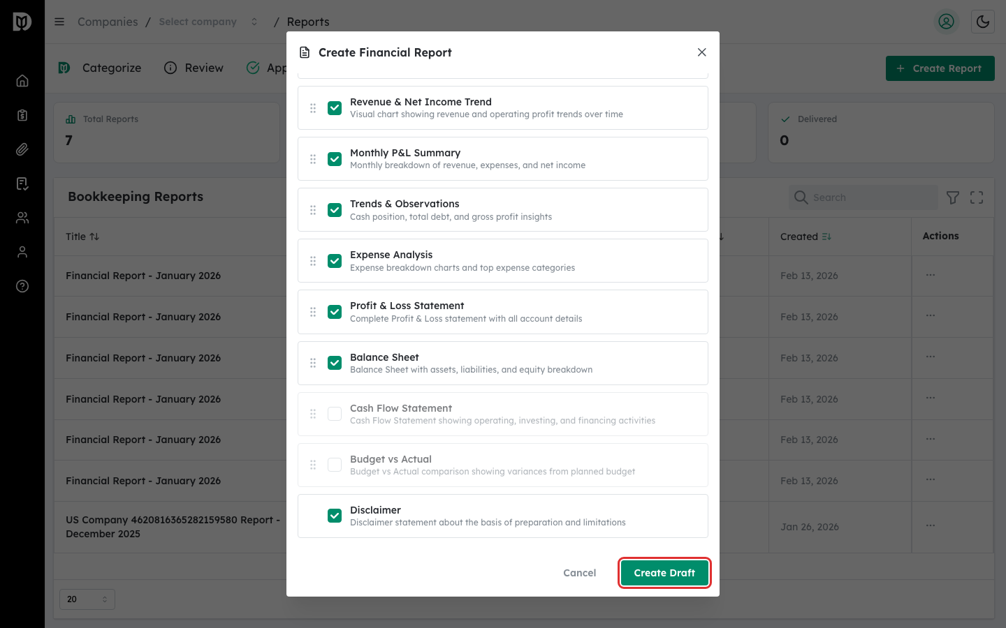 Create Draft button at the bottom of the Create Financial Report modal