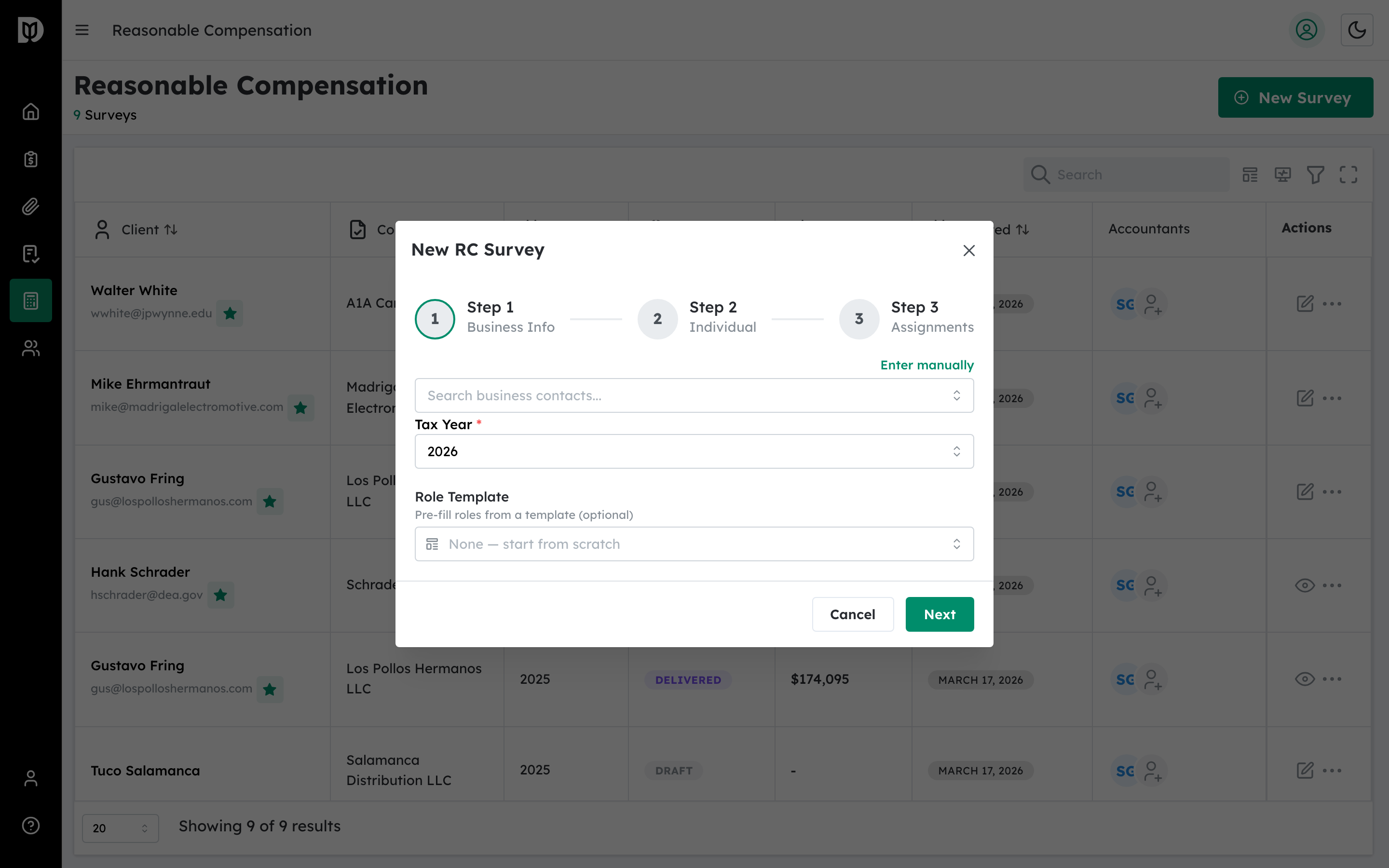 The survey wizard showing the sidebar with six steps and the main content area