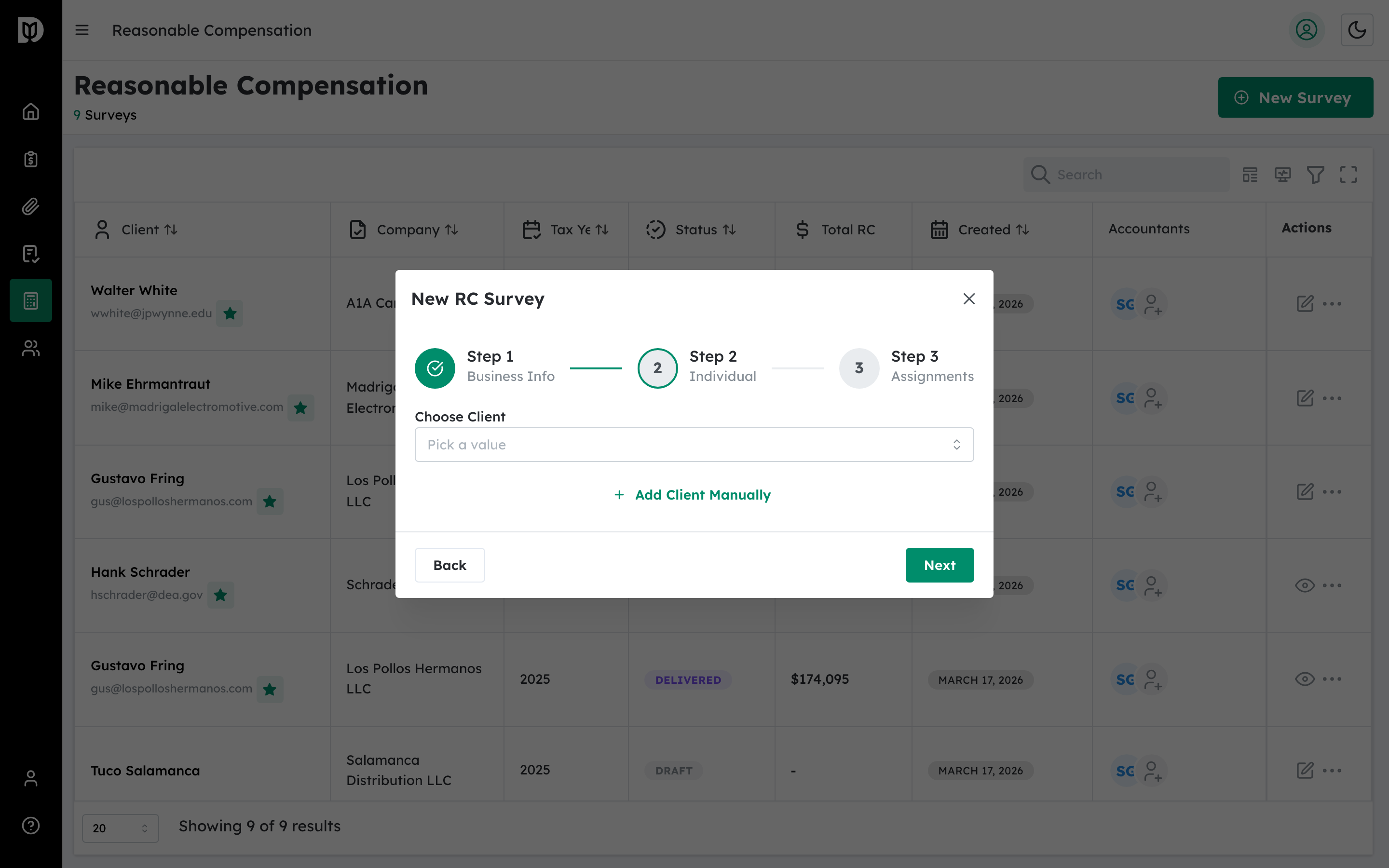 Highlighted client name input field in the Client Info step