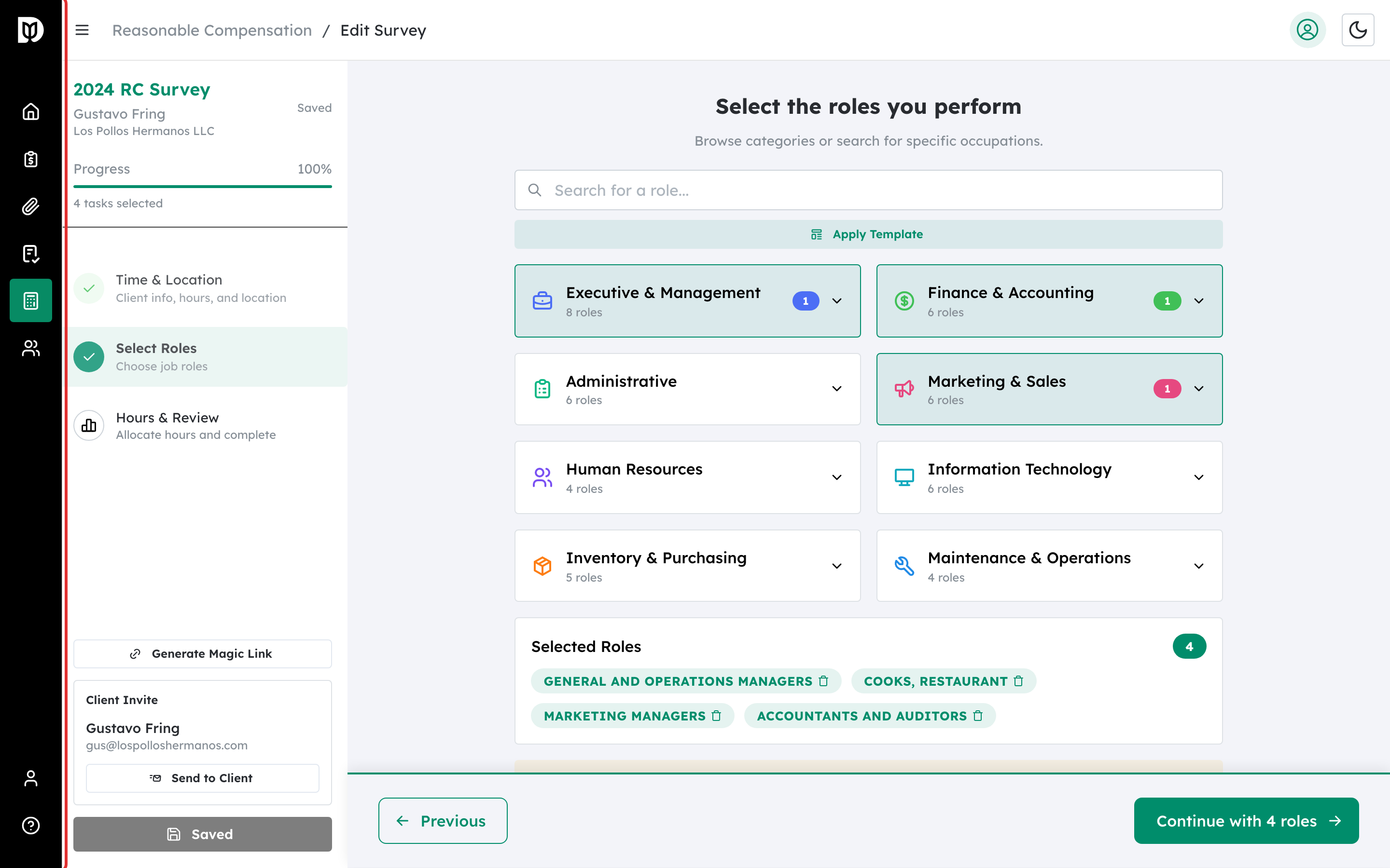 Standard Tasks step showing eight task category cards for selection