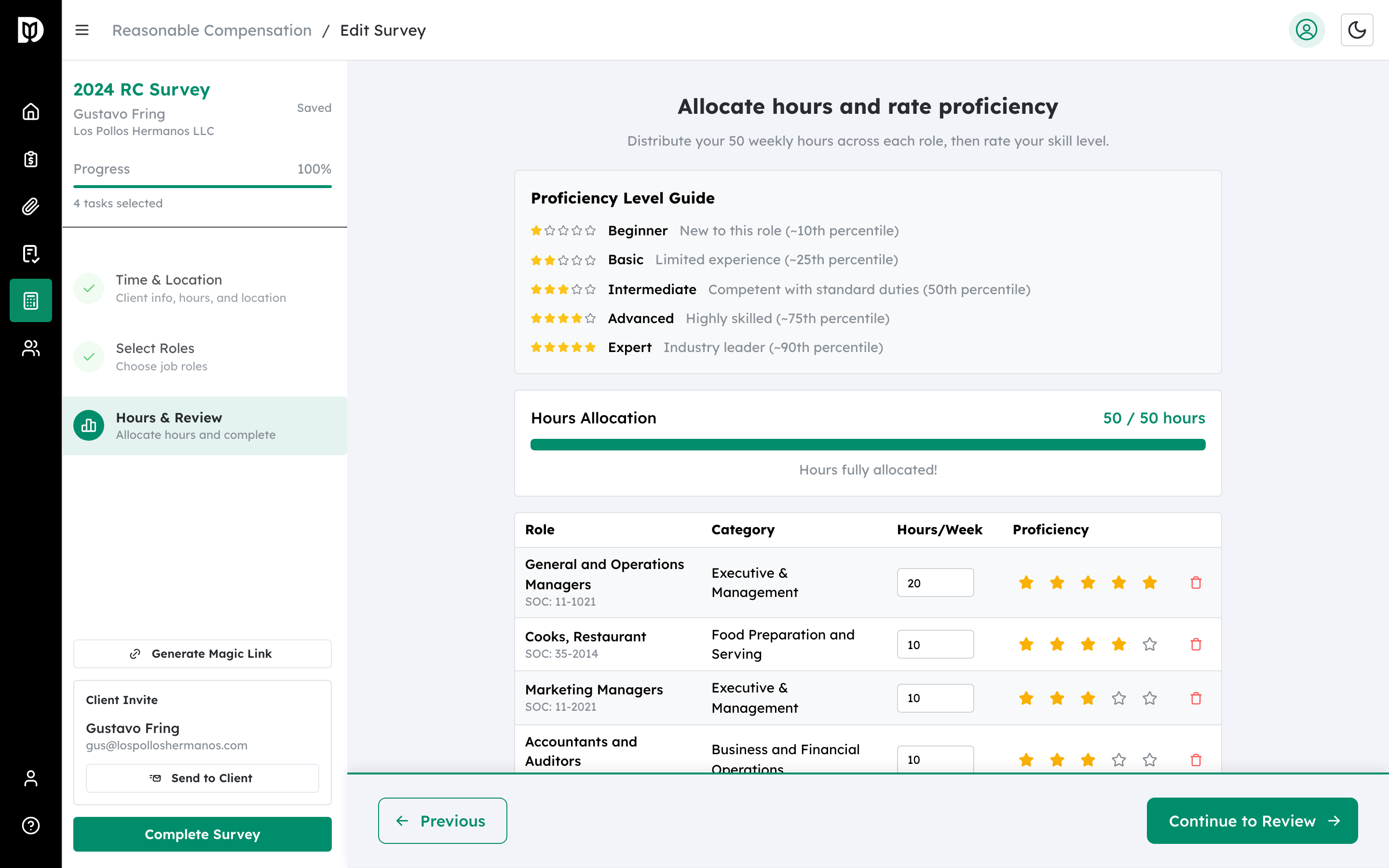 Hours and Proficiency step showing role cards with hours inputs and star ratings
