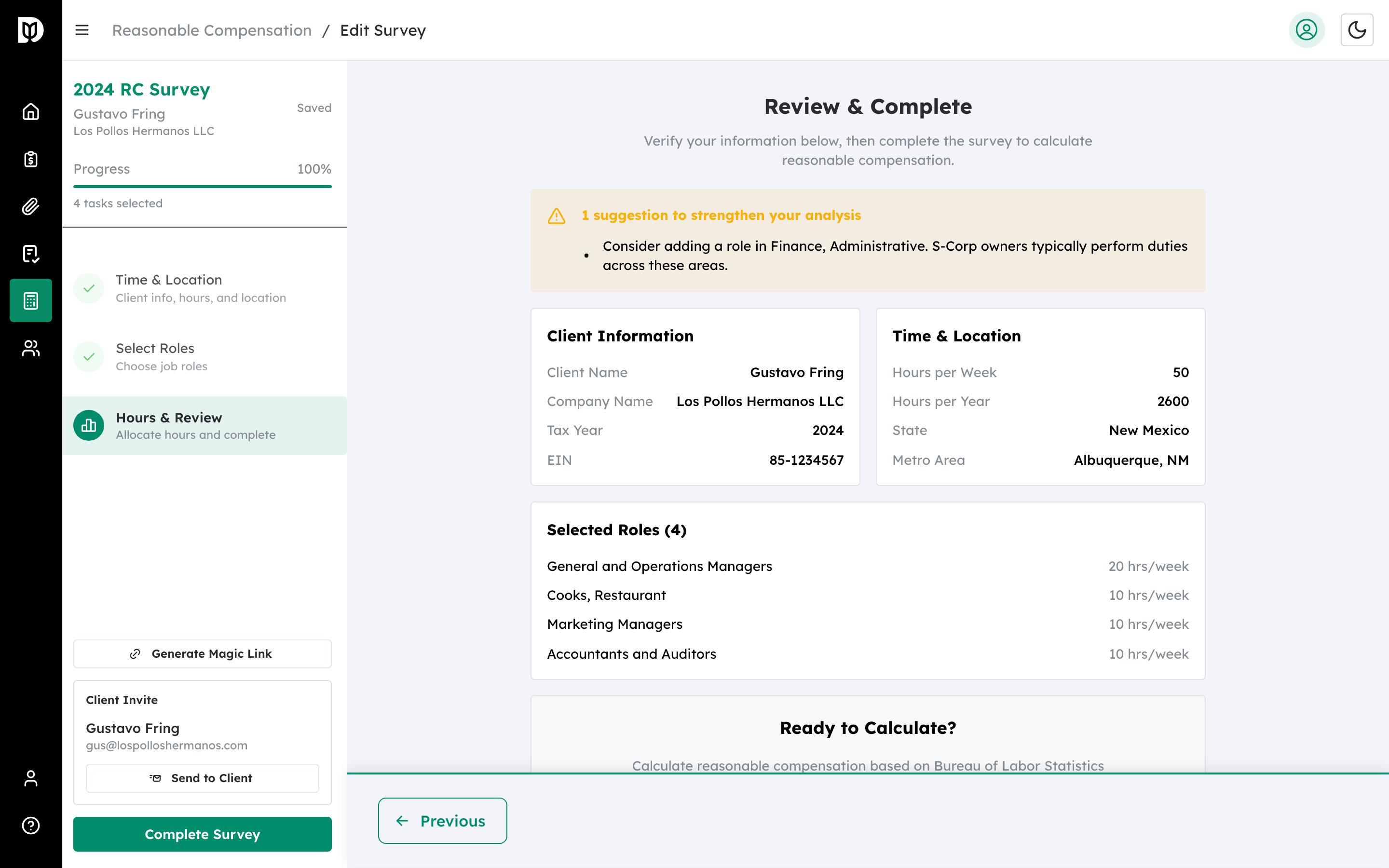 Highlighted Complete Survey button on the Review step