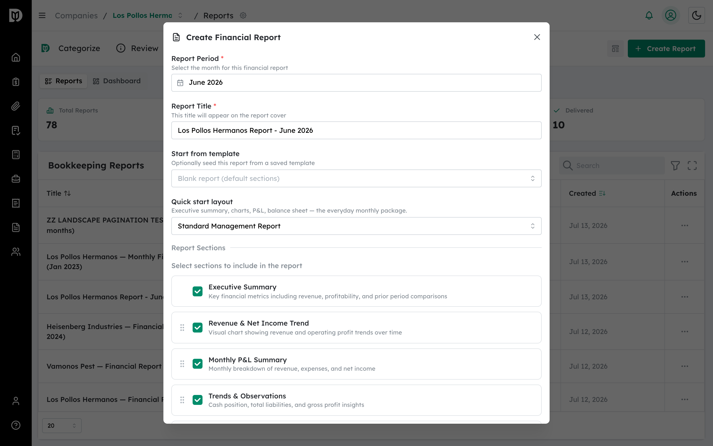 Create Financial Report window with period, title, template and sections