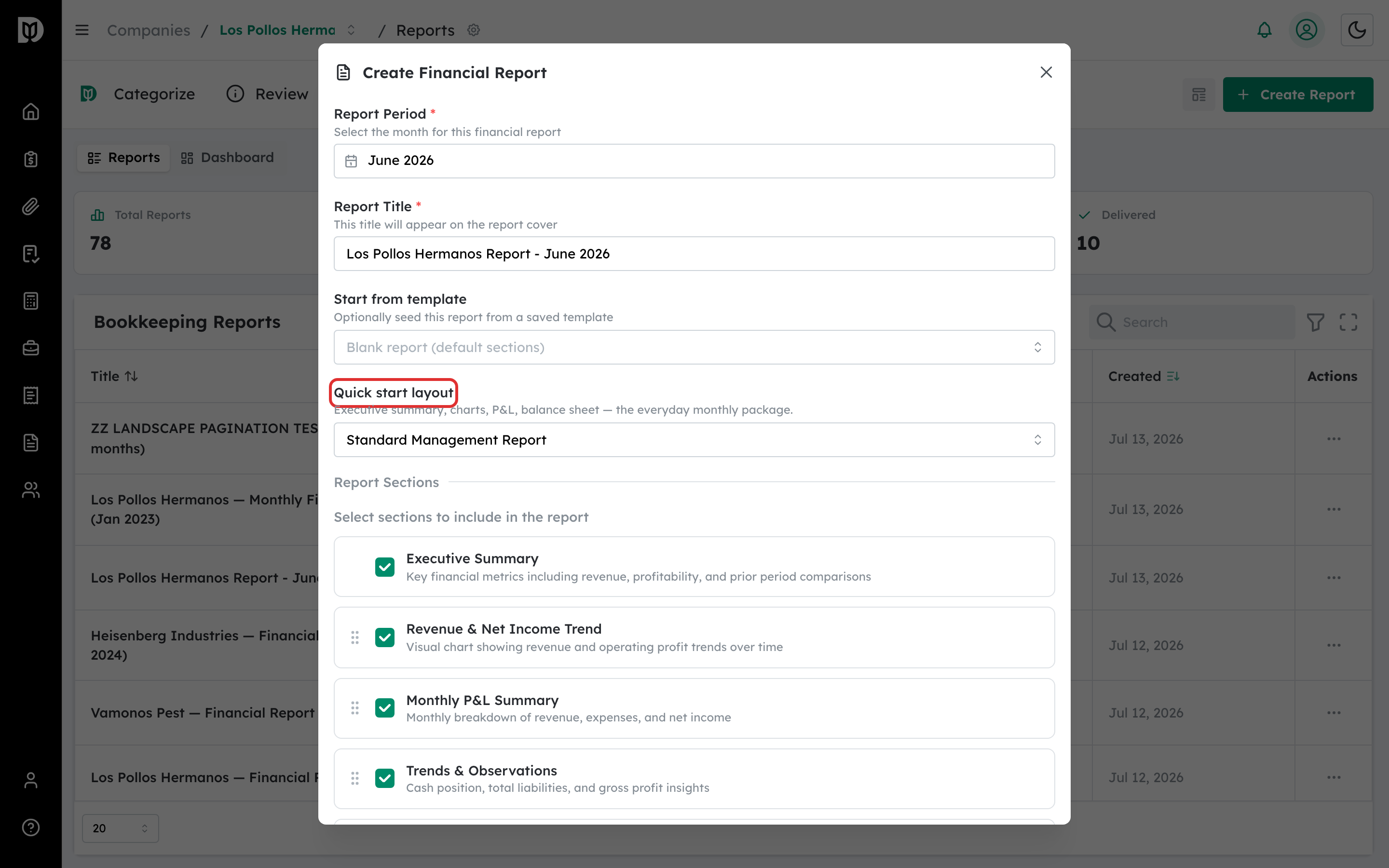 Quick start layout selector highlighted