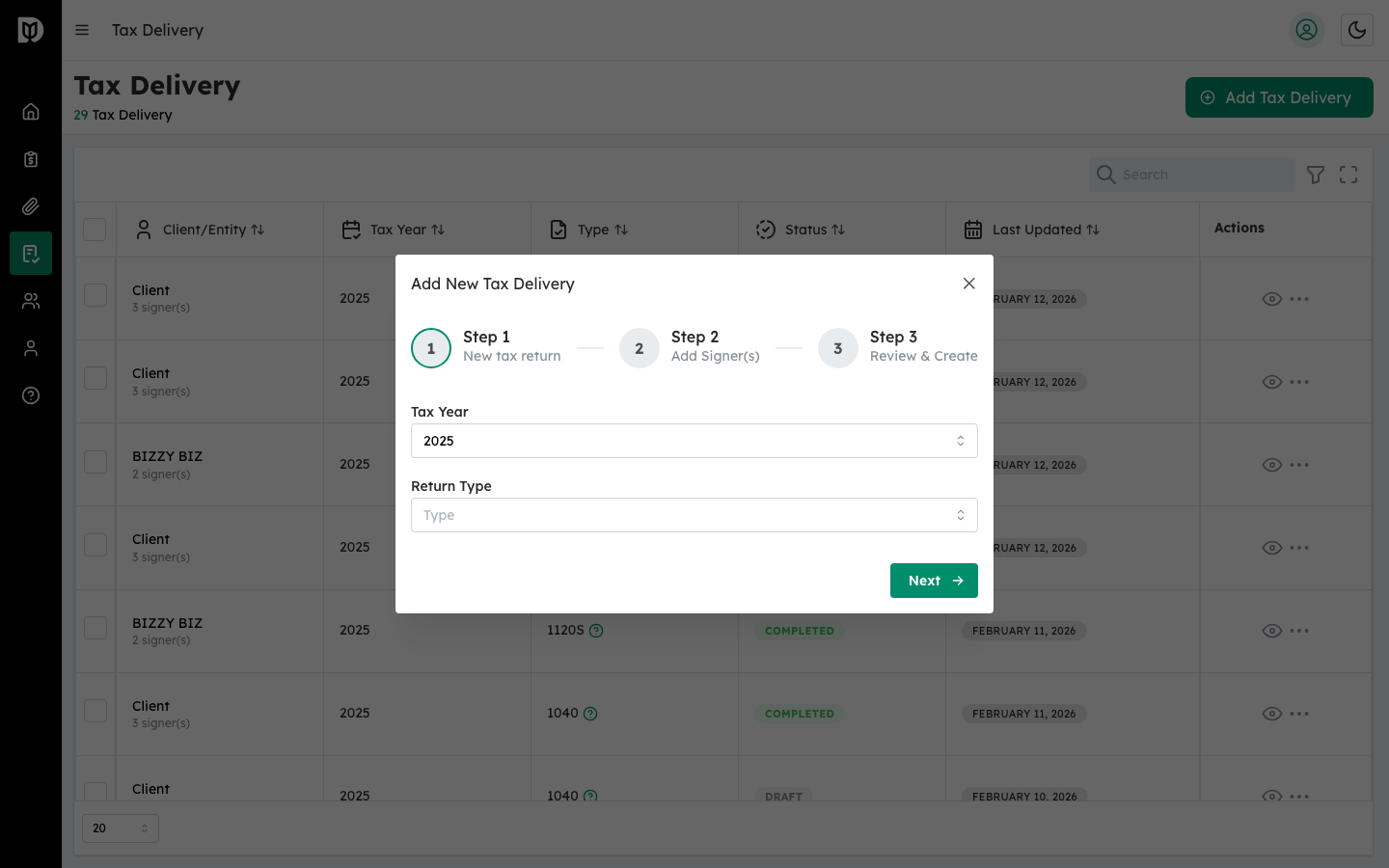 Add New Tax Return modal with Step 1 visible