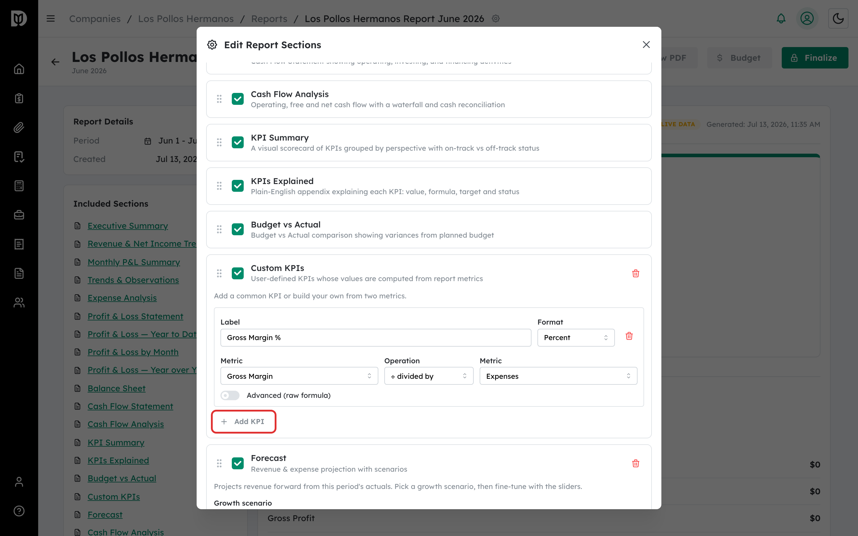 Add KPI button highlighted in the Custom KPIs builder