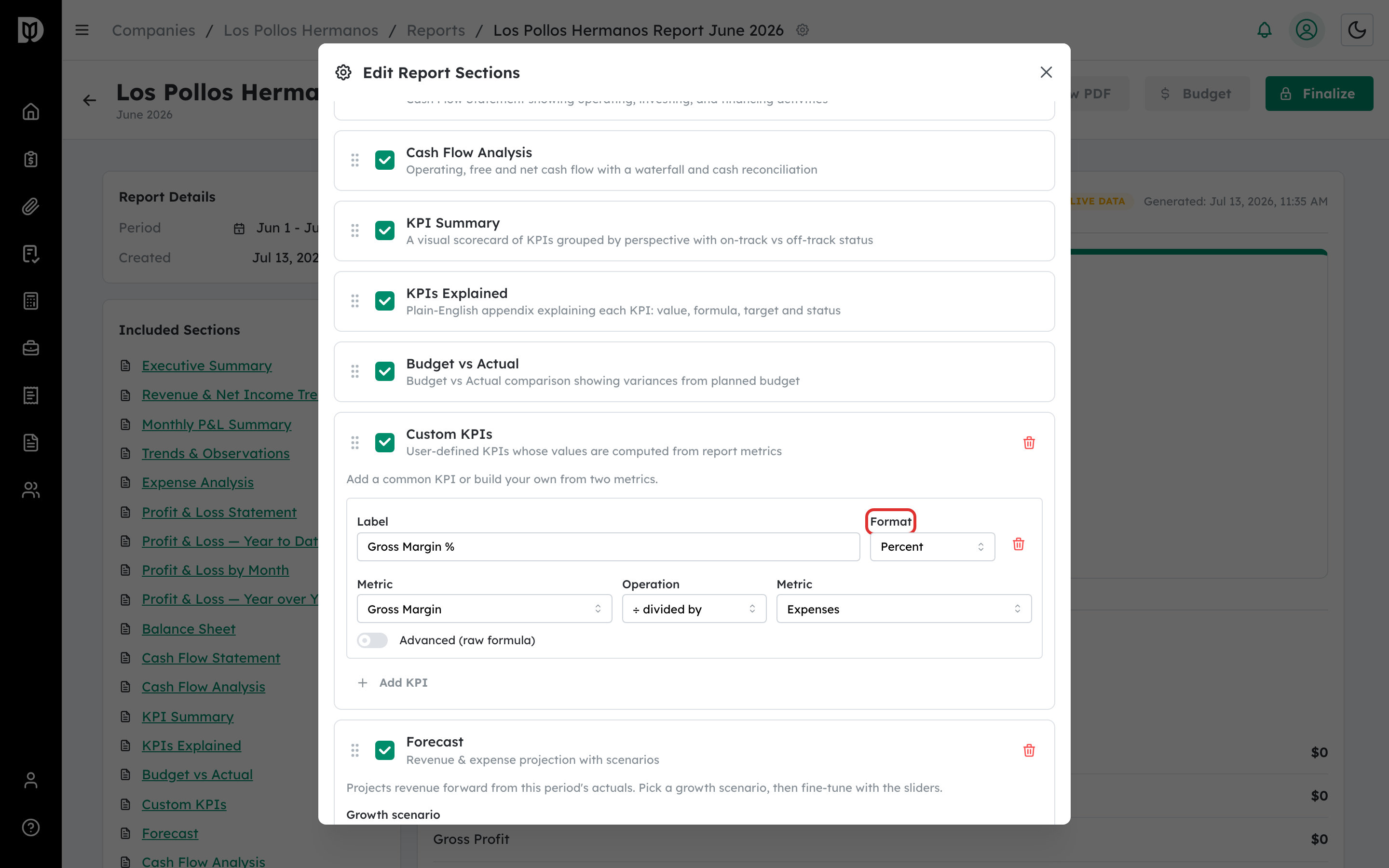 Format selector highlighted on a Custom KPI row