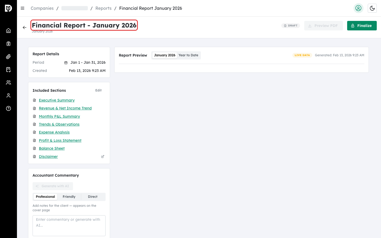 Report title and status badge at the top of the report detail page