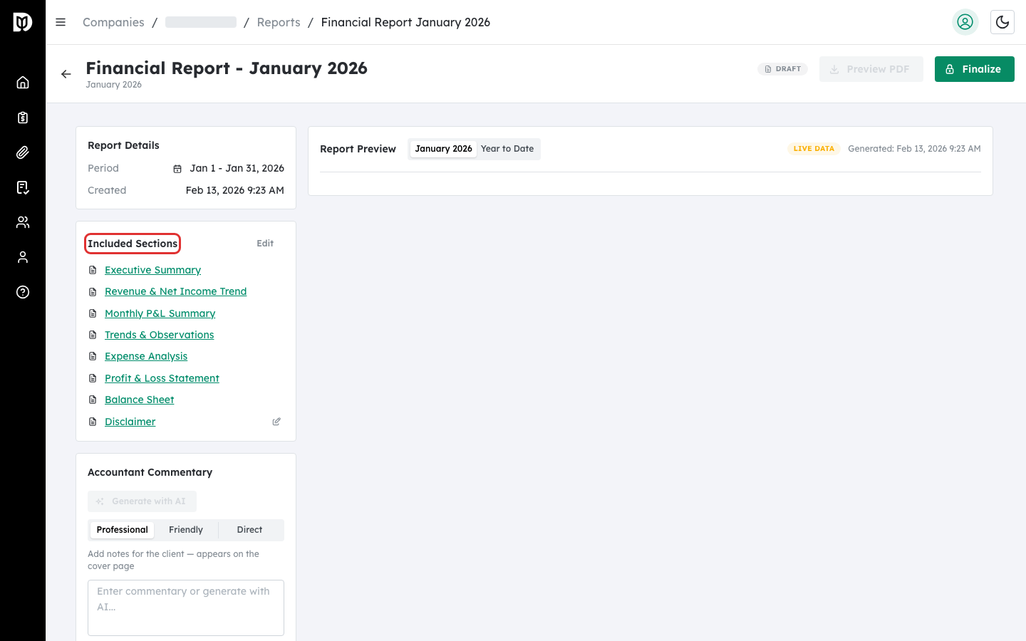 Report preview showing Executive Summary section with key metrics