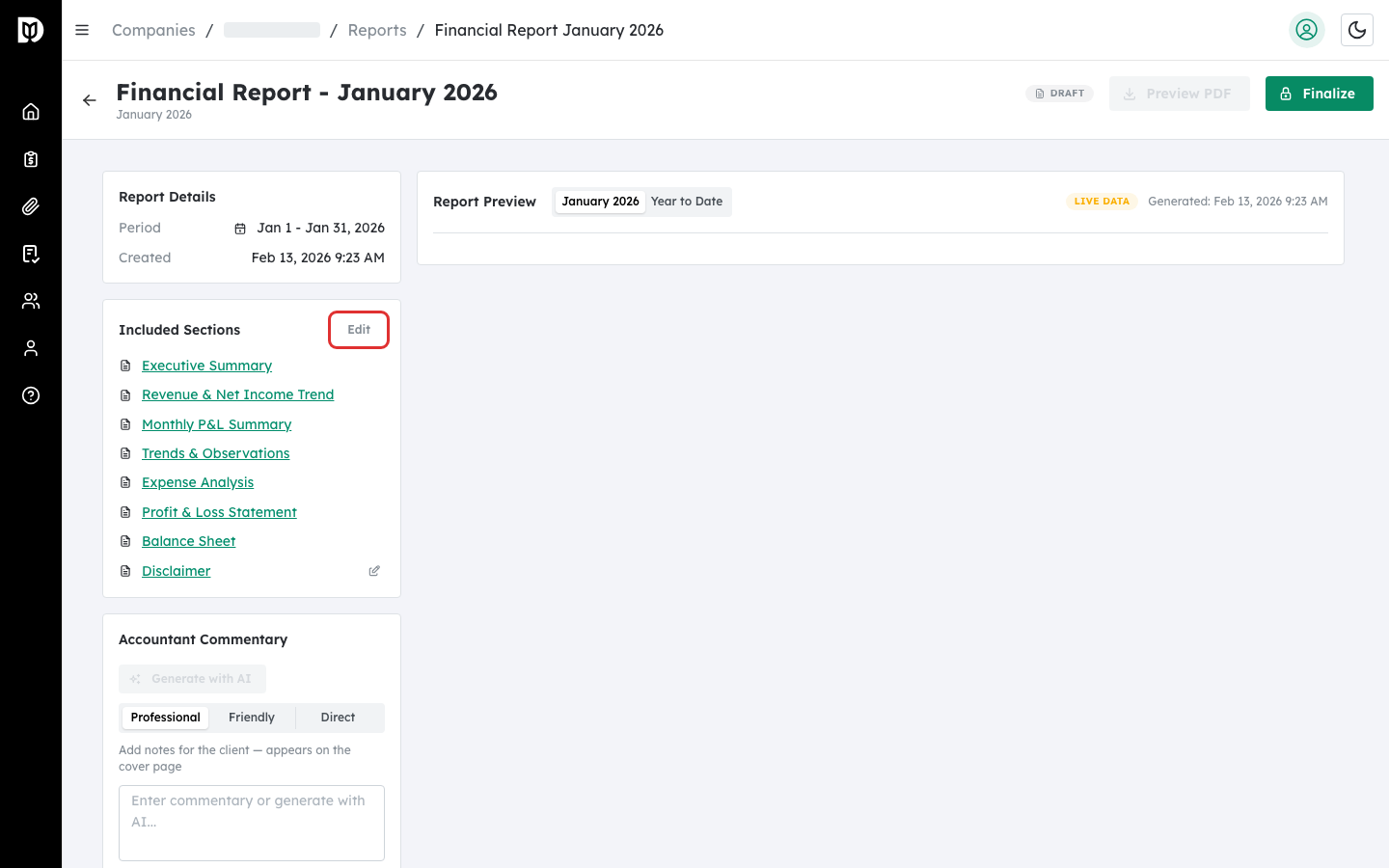 Edit button next to Included Sections in the report sidebar