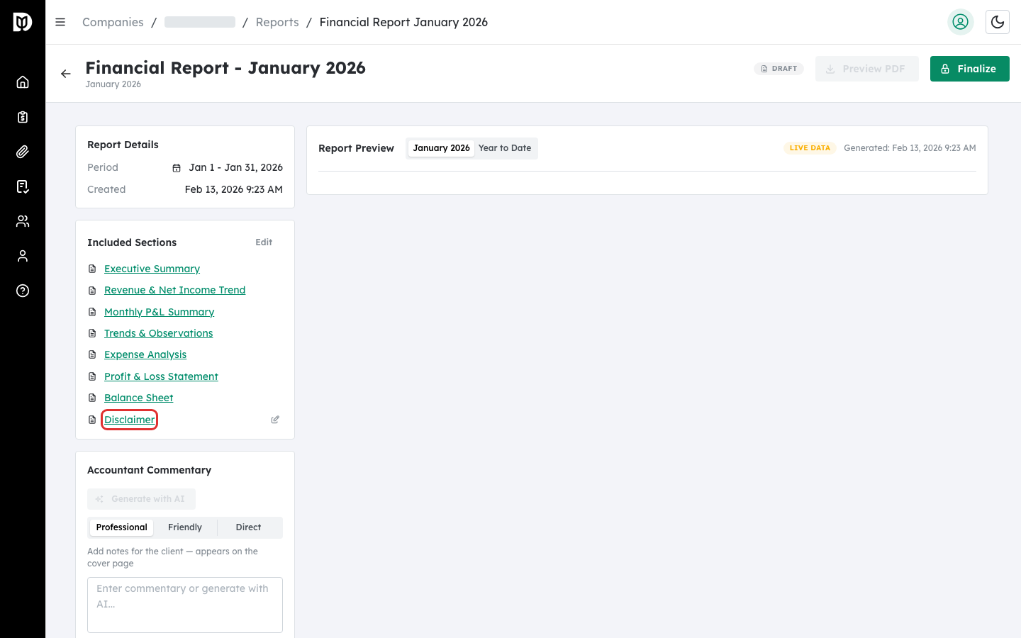Edit icon next to Disclaimer in the Included Sections list