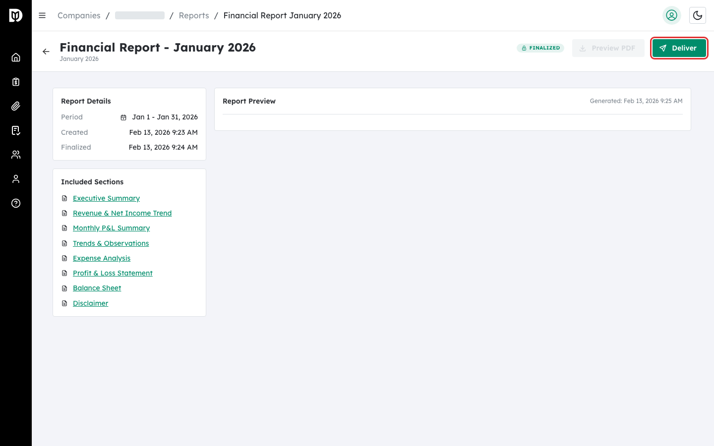 Deliver button with send icon in the report detail header