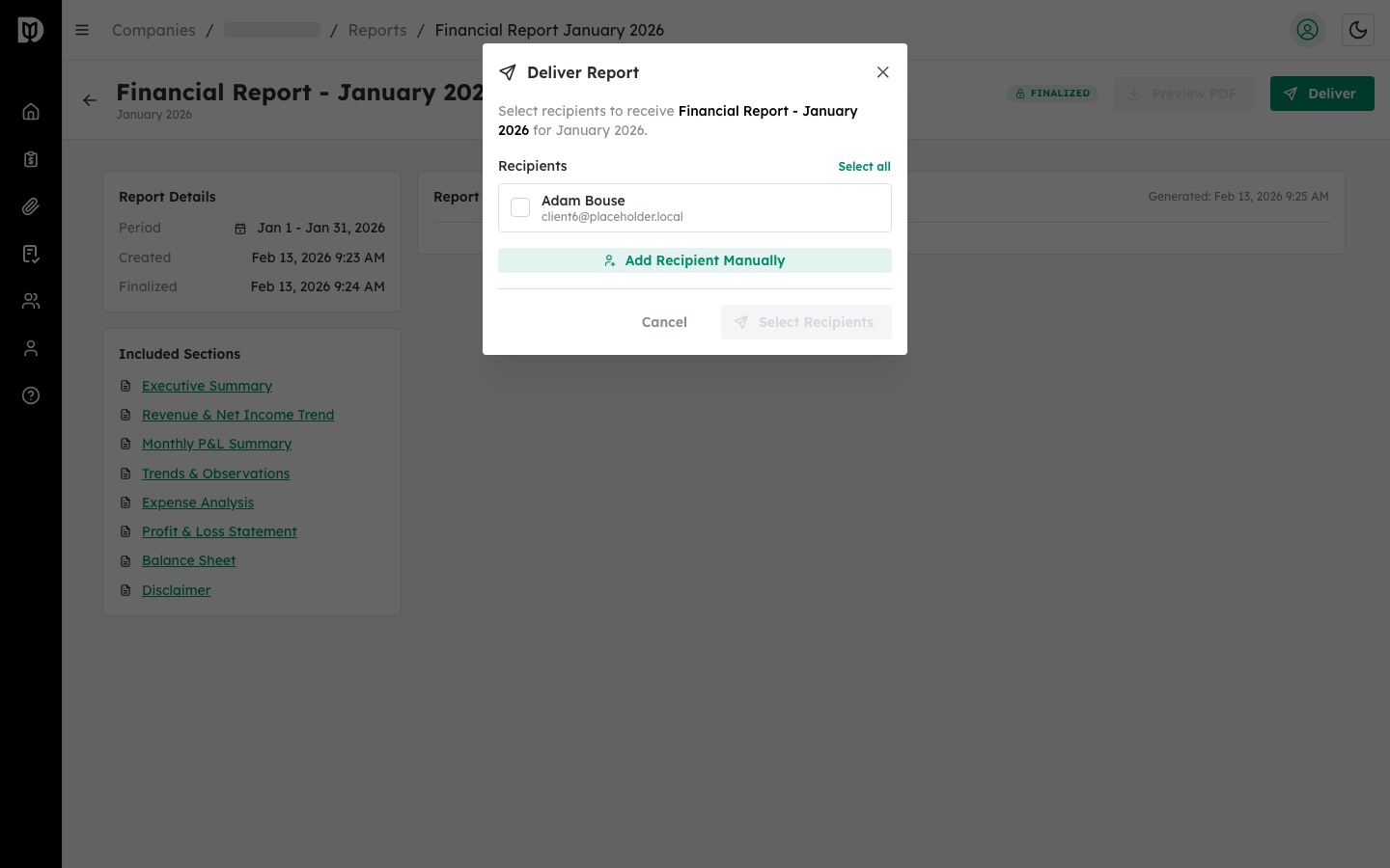 Contact list with checkboxes in the Deliver Report modal