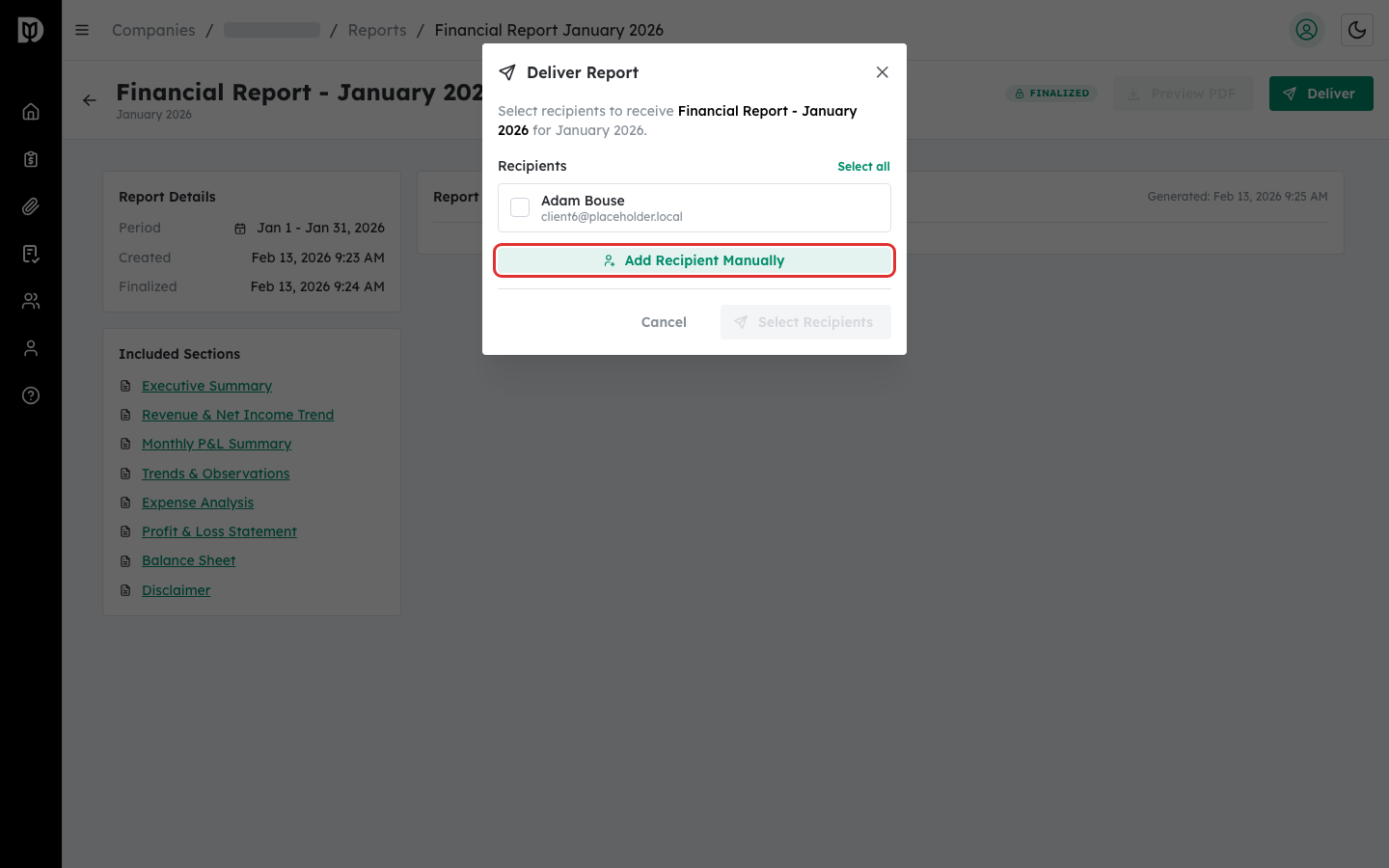 Manual recipient entry fields with Add button