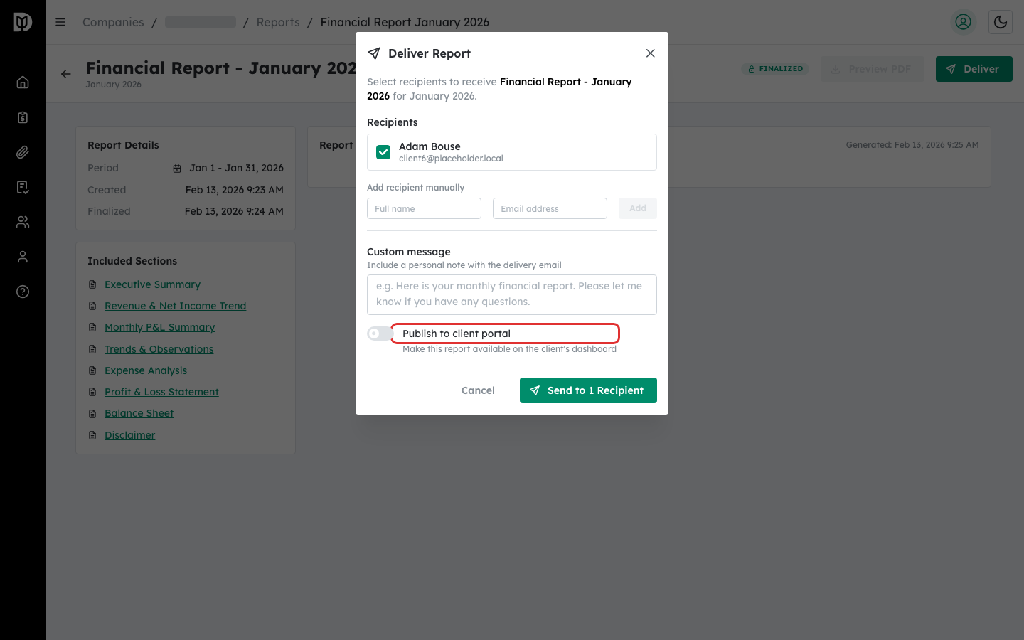 Publish to client portal toggle switch