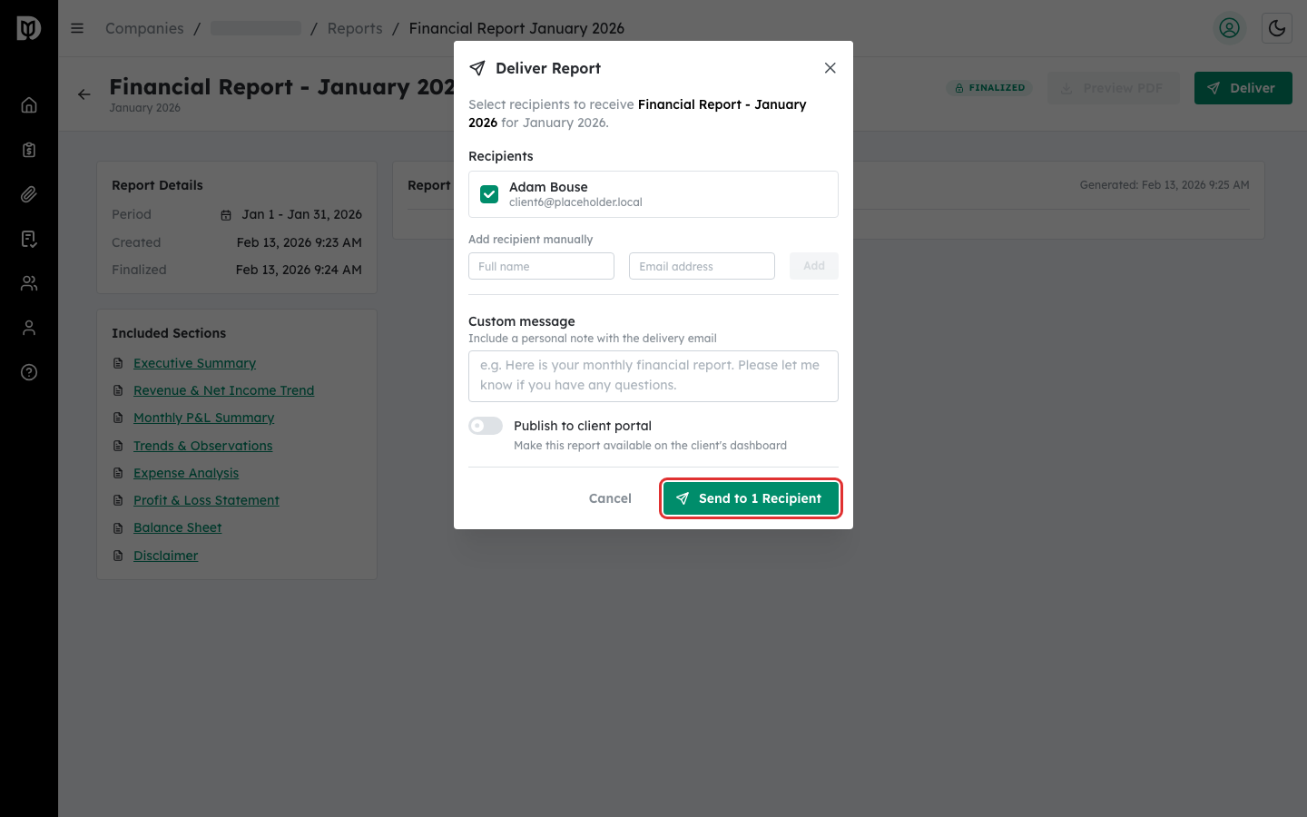 Send to recipients button at the bottom of the Deliver Report modal