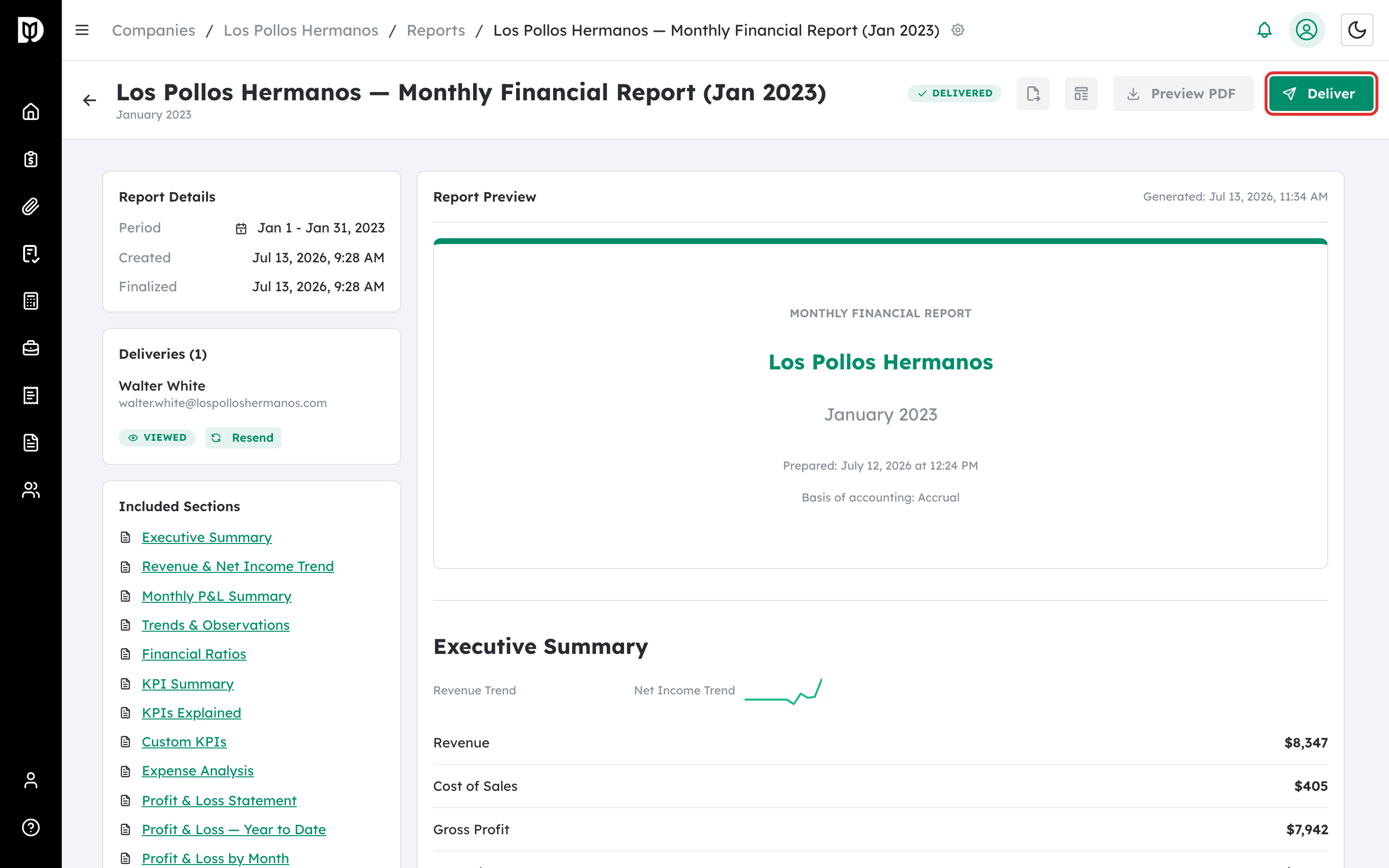 Deliver button highlighted in the report header