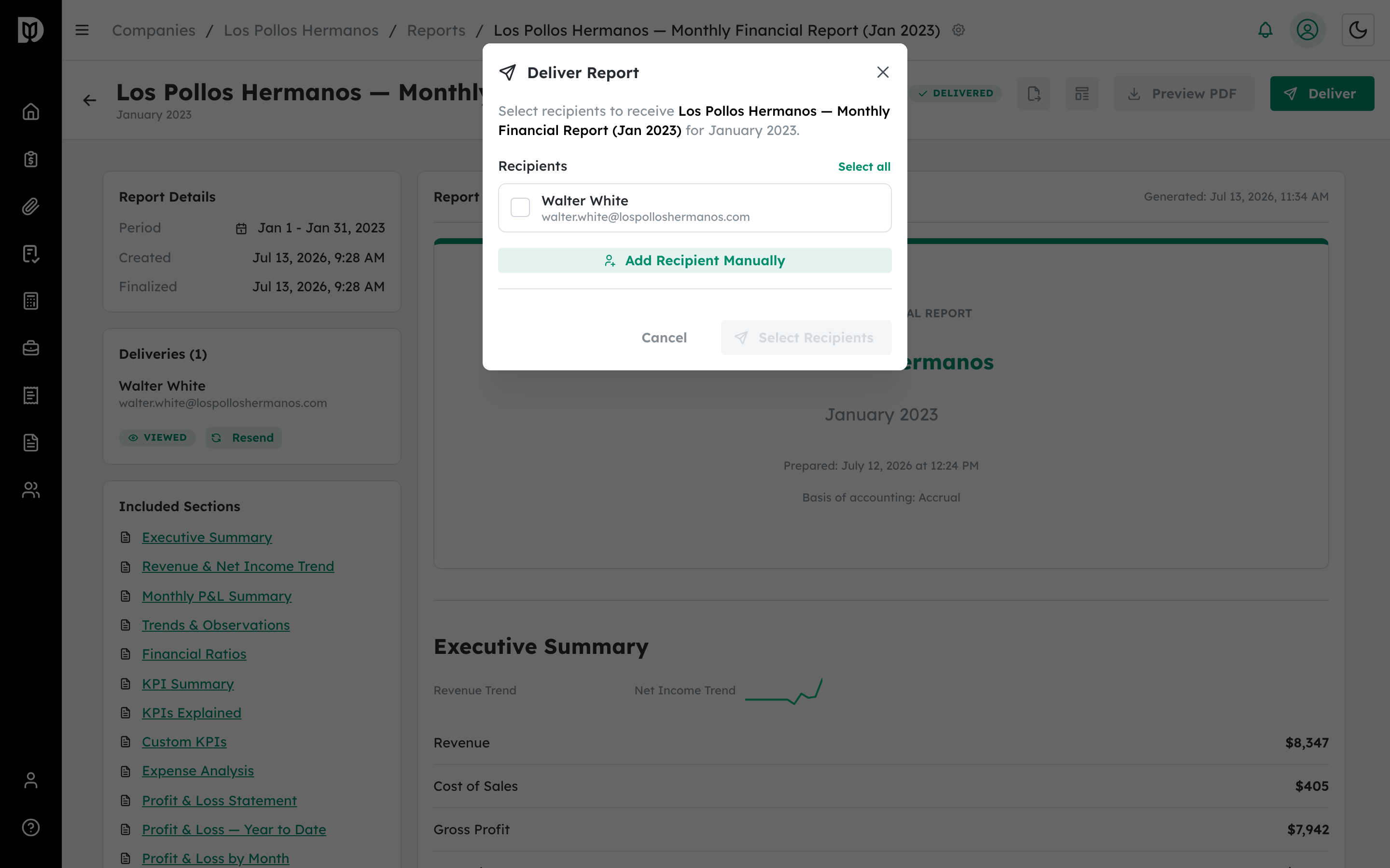 Deliver Report window with the recipient list