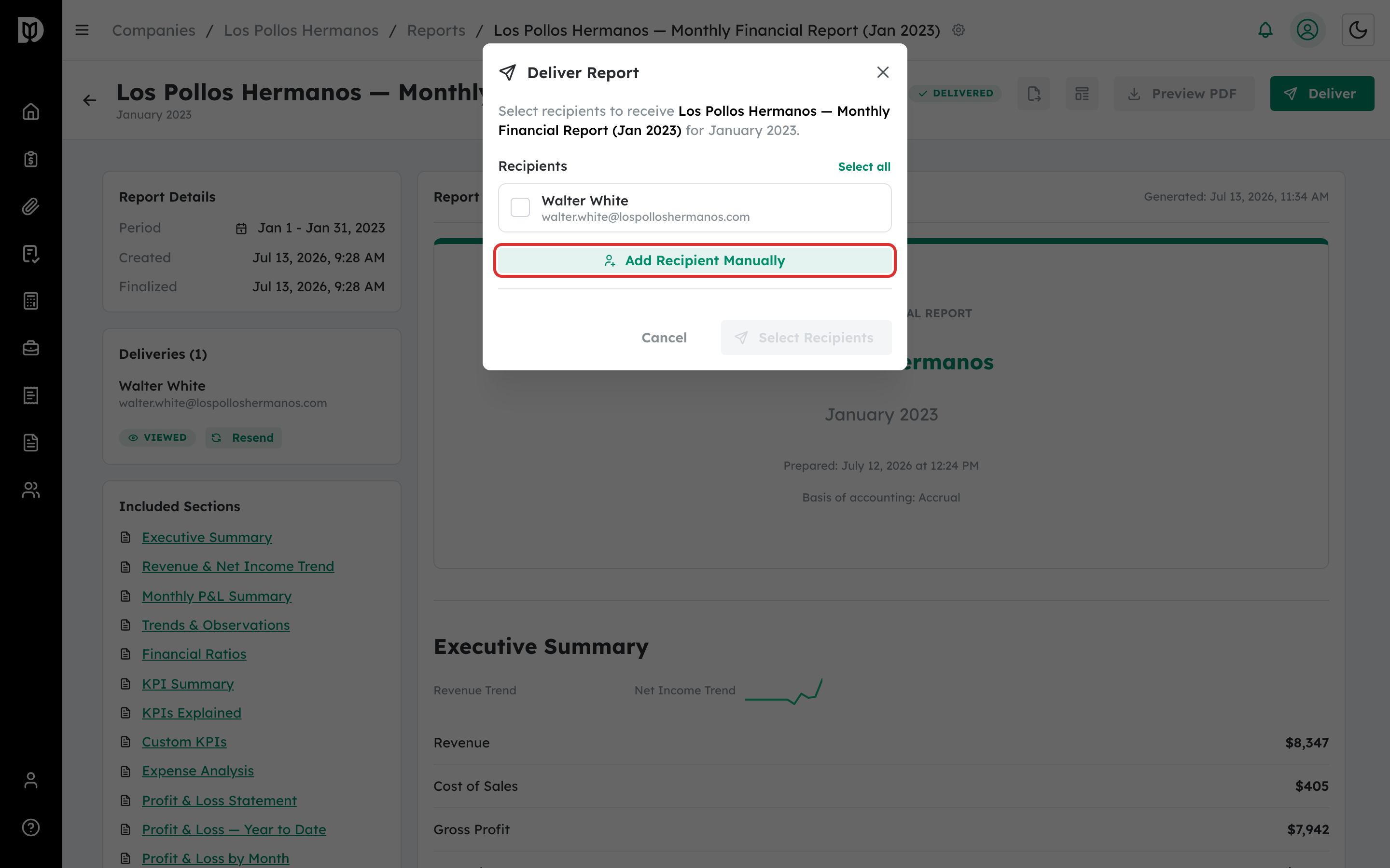 Add Recipient Manually control highlighted in the Deliver Report window