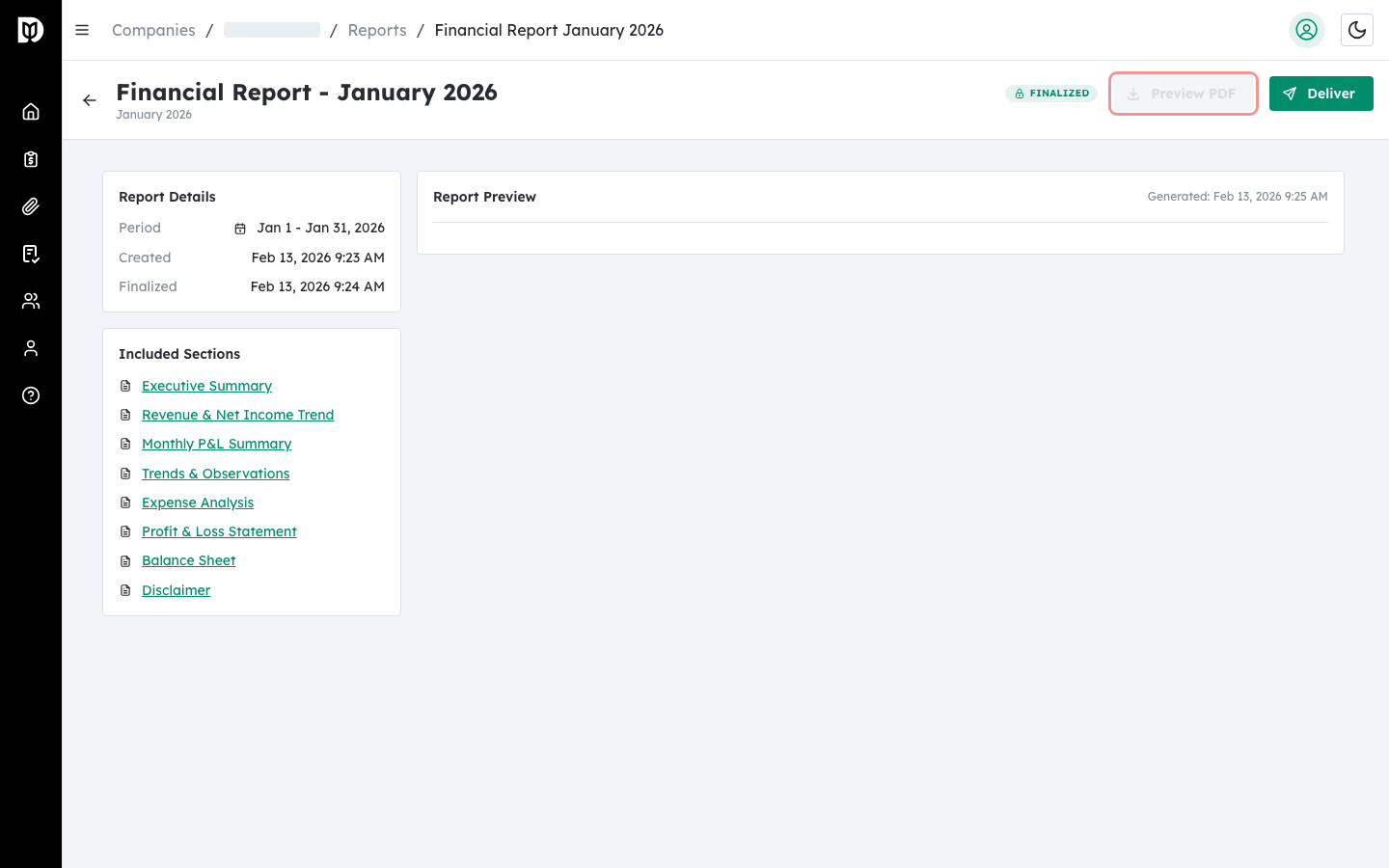 Preview PDF button on the report detail page header