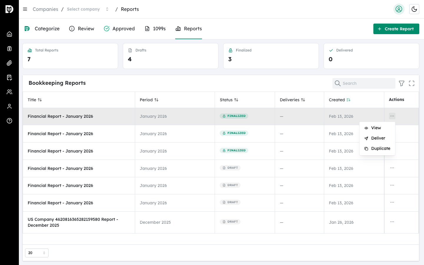 Download PDF option in the three-dot menu of the Reports tab table