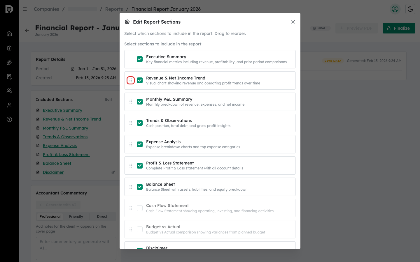 Drag handle icon used to reorder report sections