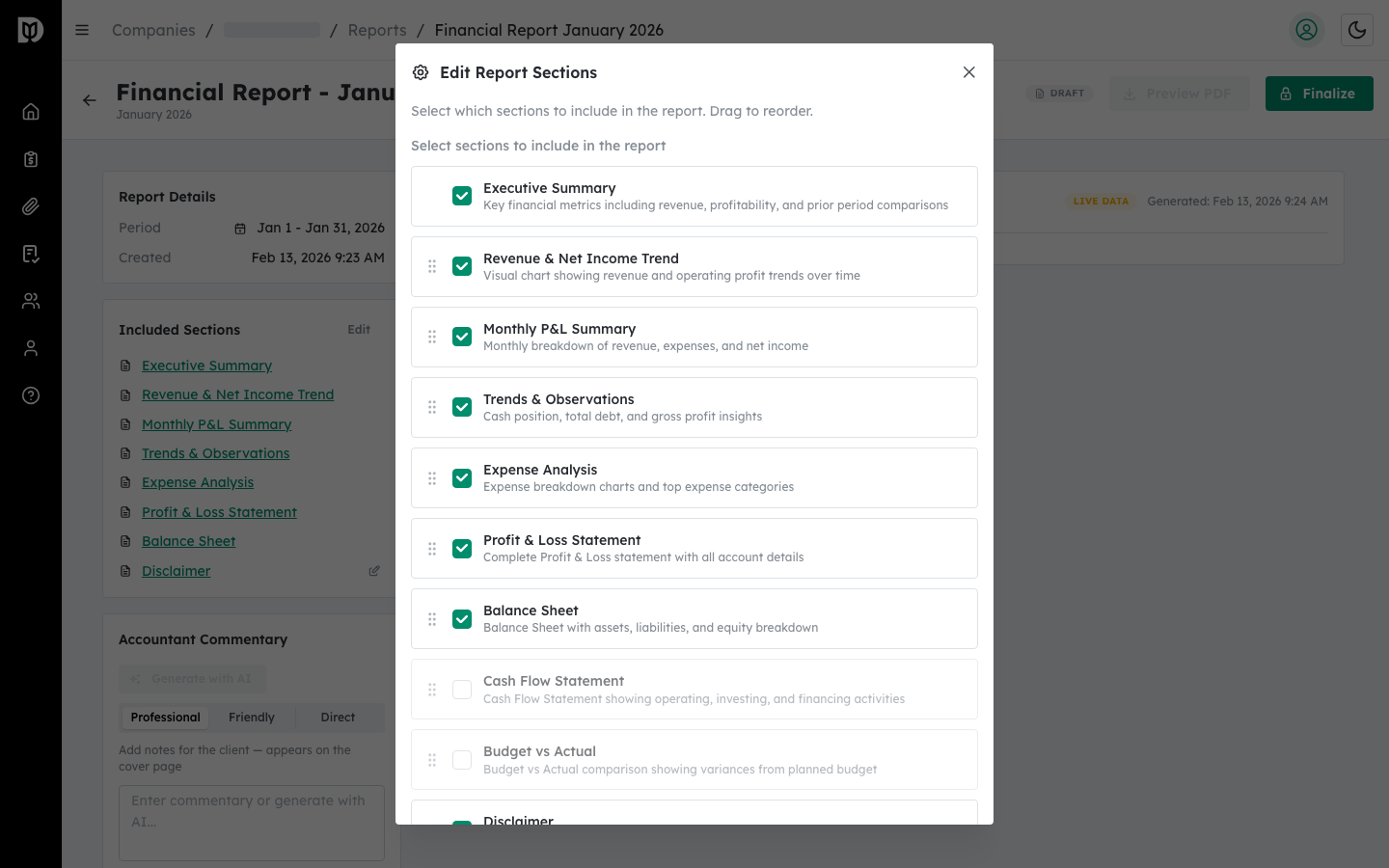 Save Changes button at the bottom of the Edit Report Sections modal