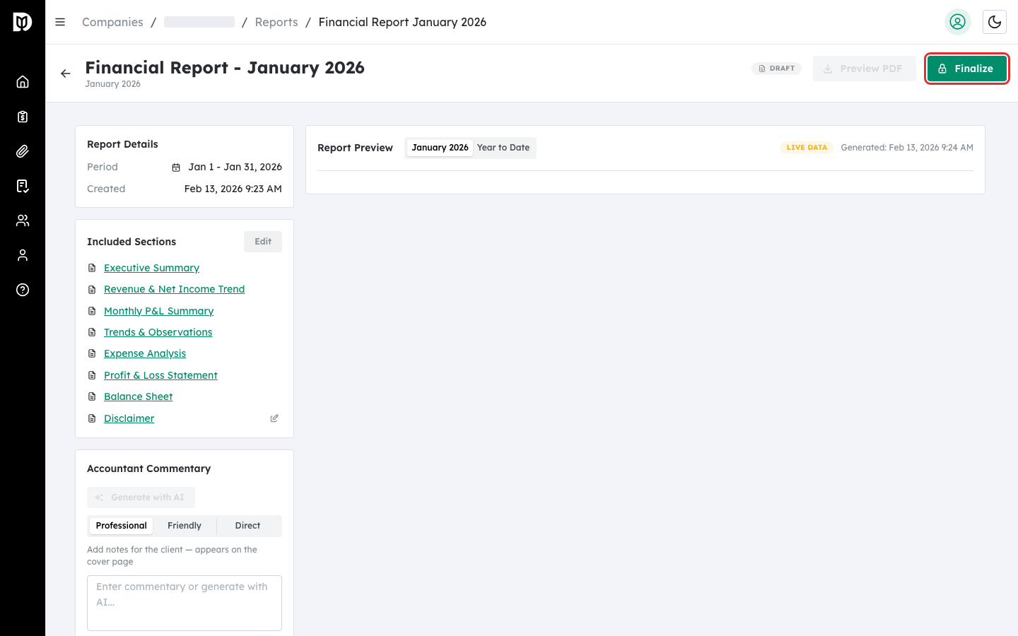 Finalize button with lock icon in the report detail header