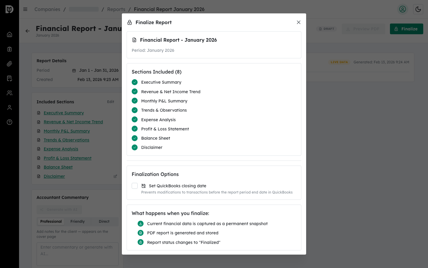 Finalize Report modal showing report title, period, and sections list