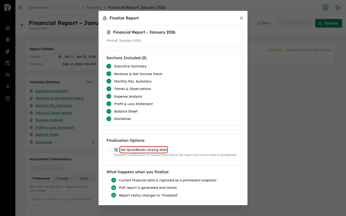 Set QuickBooks closing date checkbox in the Finalization Options panel