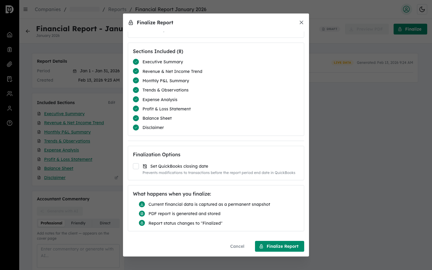 Finalize Report confirmation button at the bottom of the modal