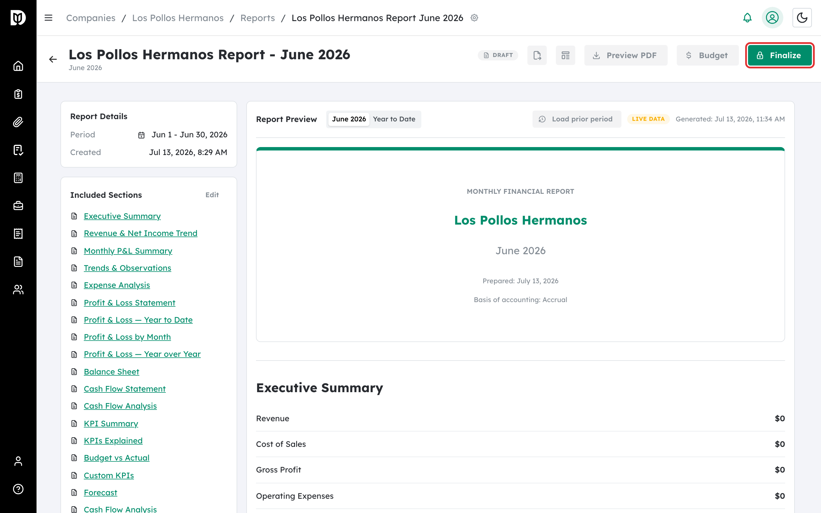Finalize button highlighted in the report header
