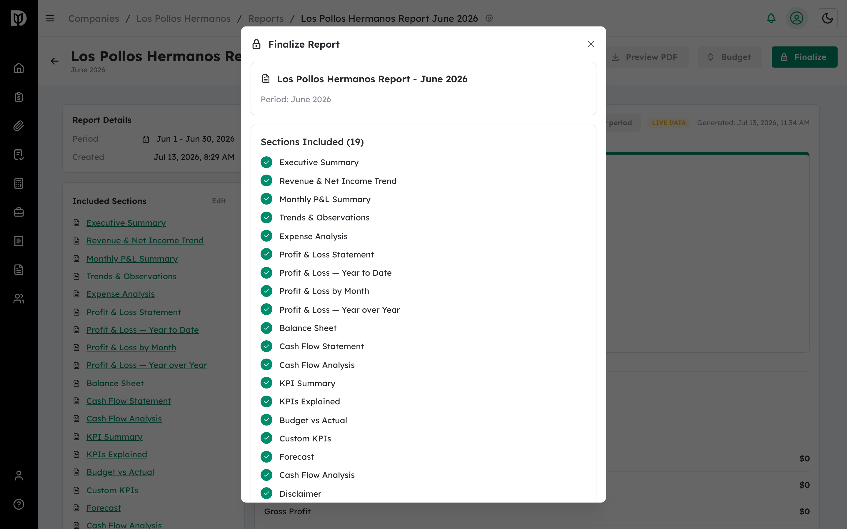 Finalize Report window listing the sections included