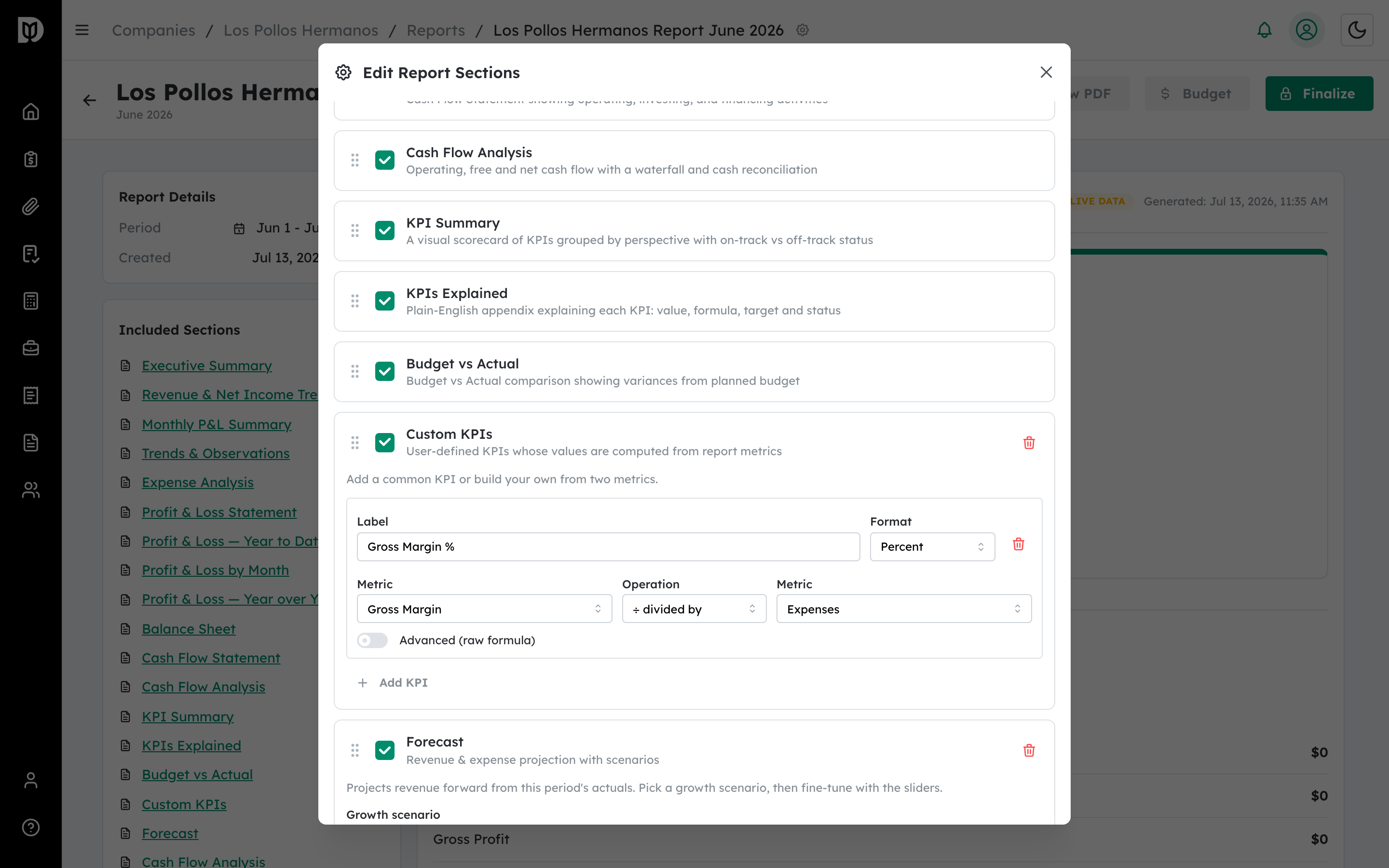 Forecast section settings in the Edit Report Sections window
