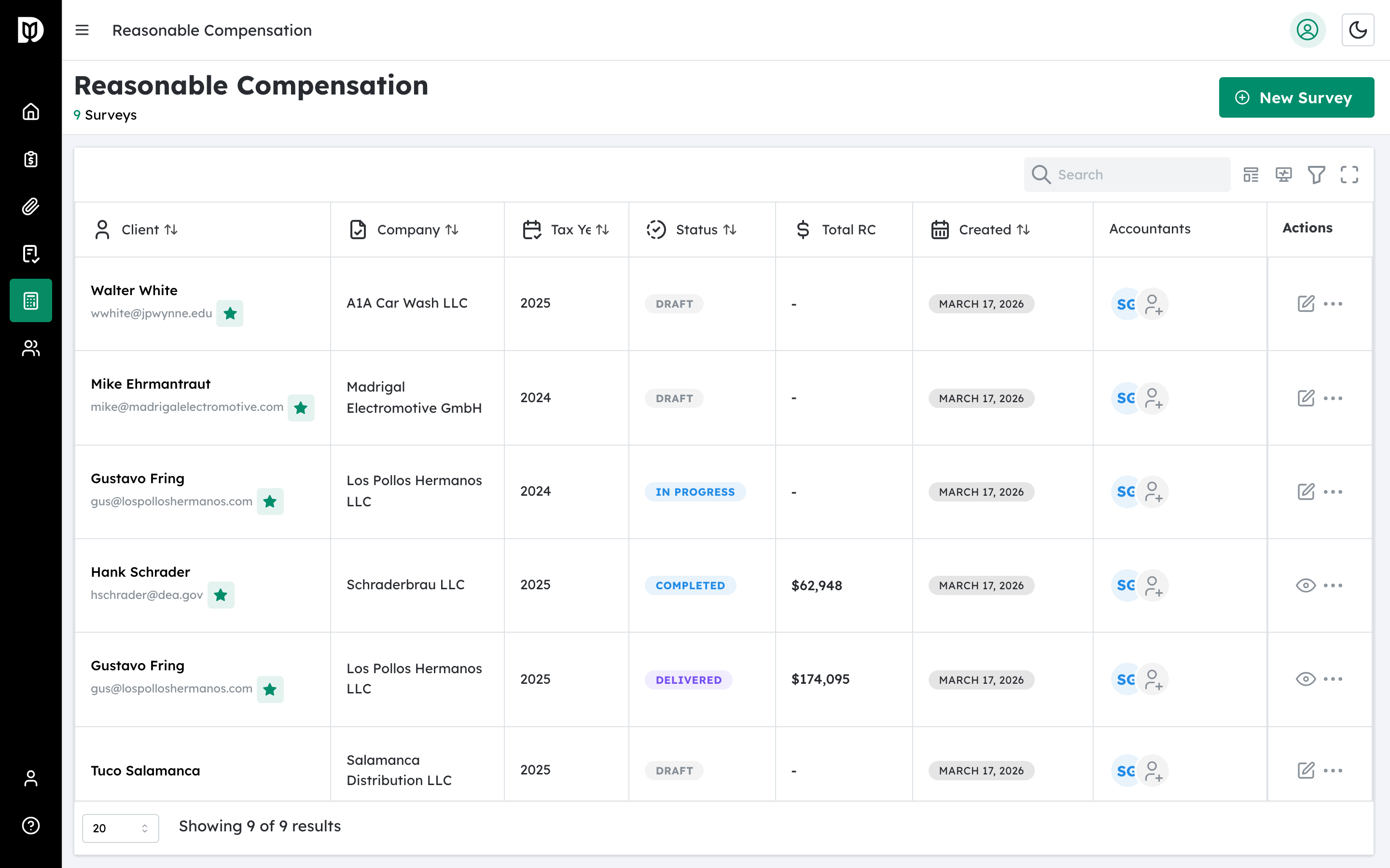 Highlighted Reasonable Comp navigation item in the left sidebar
