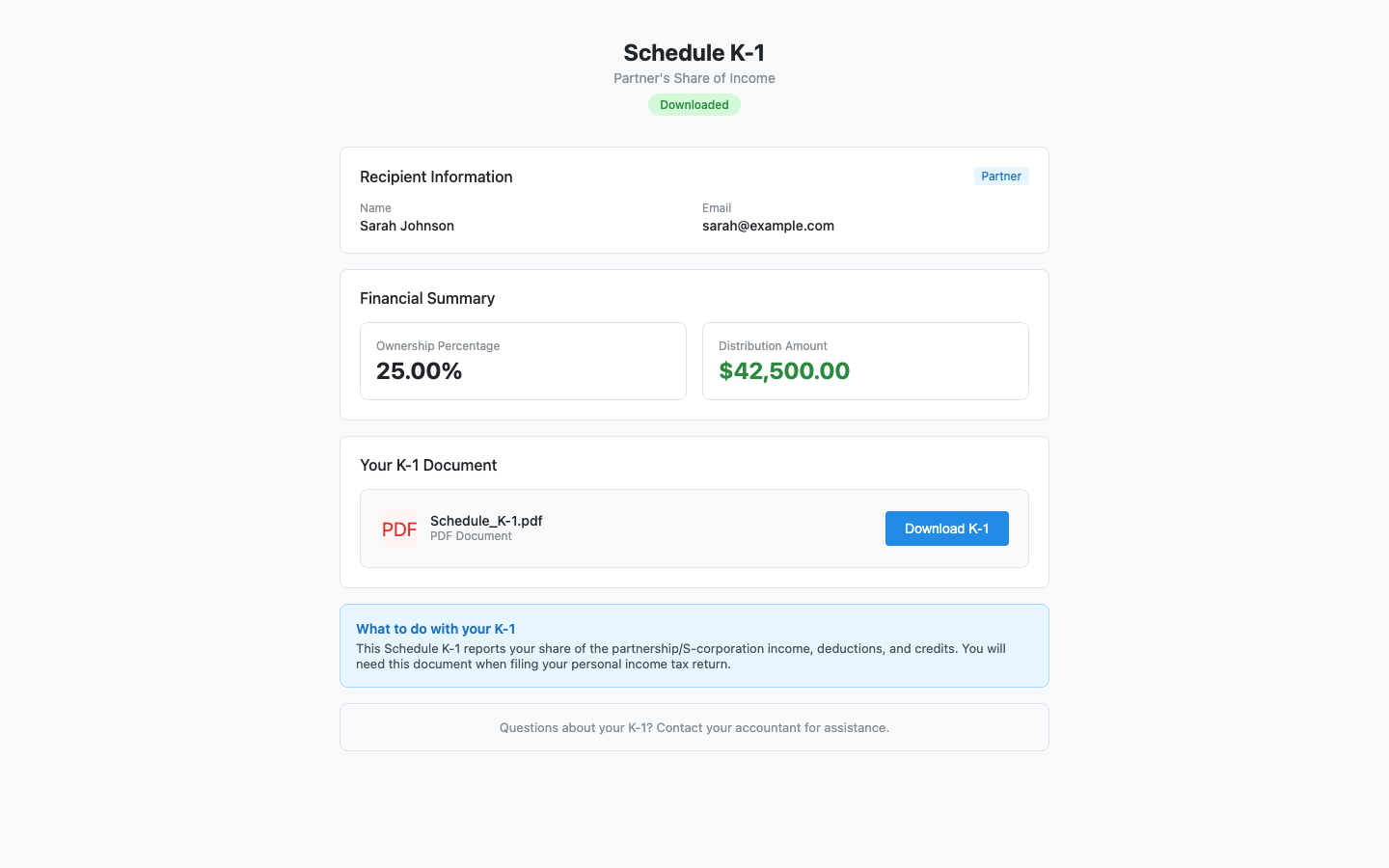 K-1 viewer page overview showing recipient info and financial summary