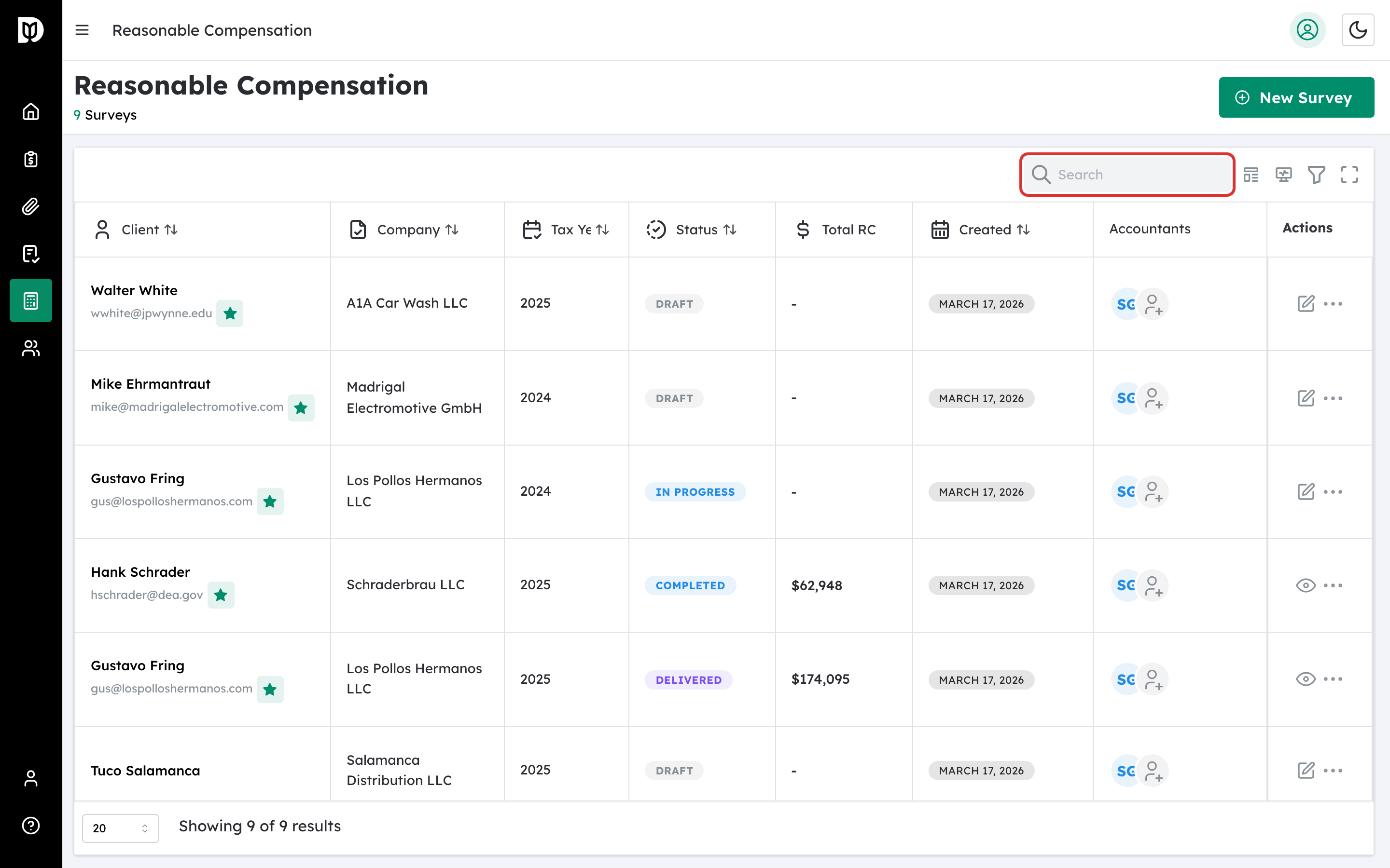Highlighted search input field above the surveys table