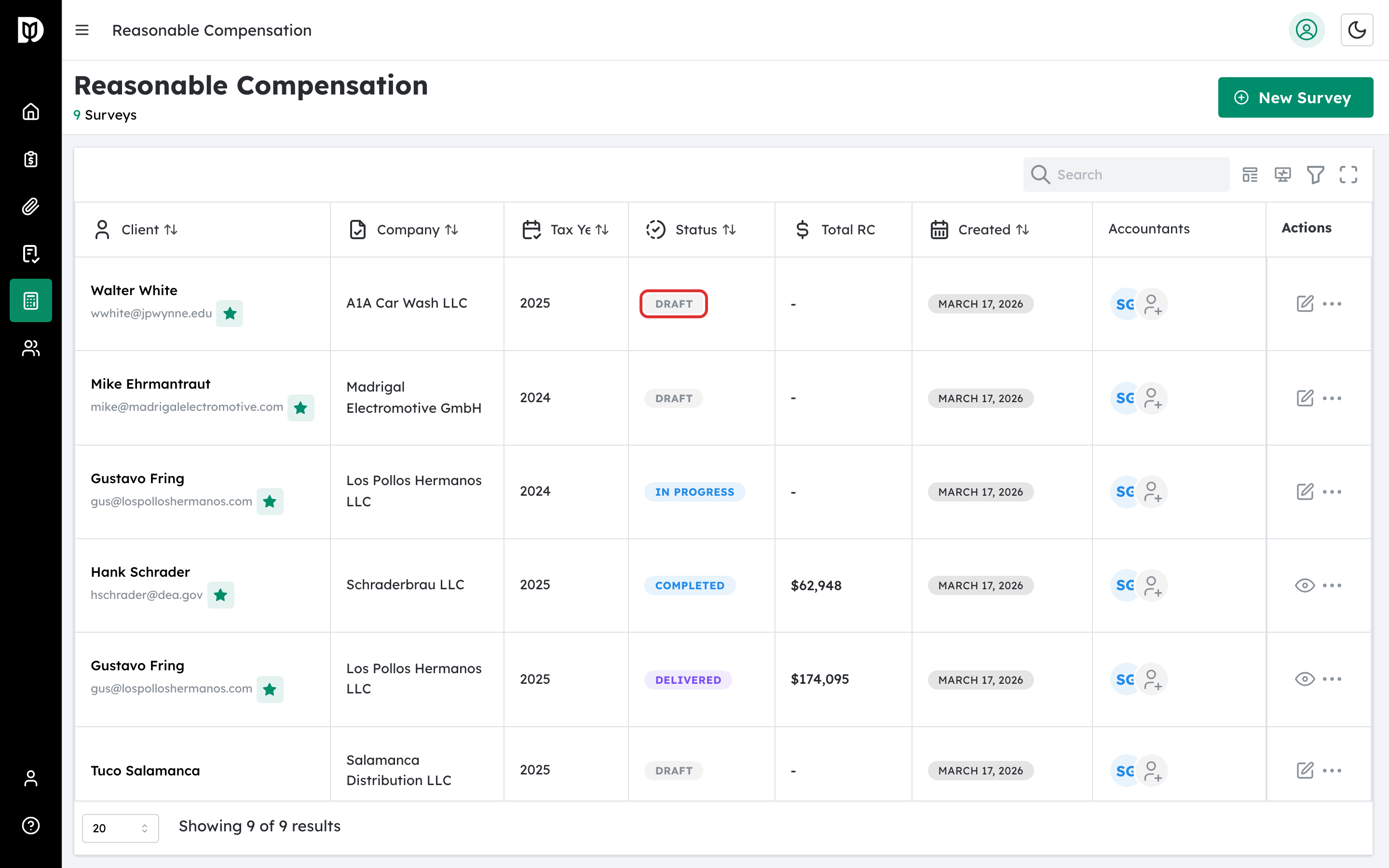 Highlighted status badge on a survey row in the table