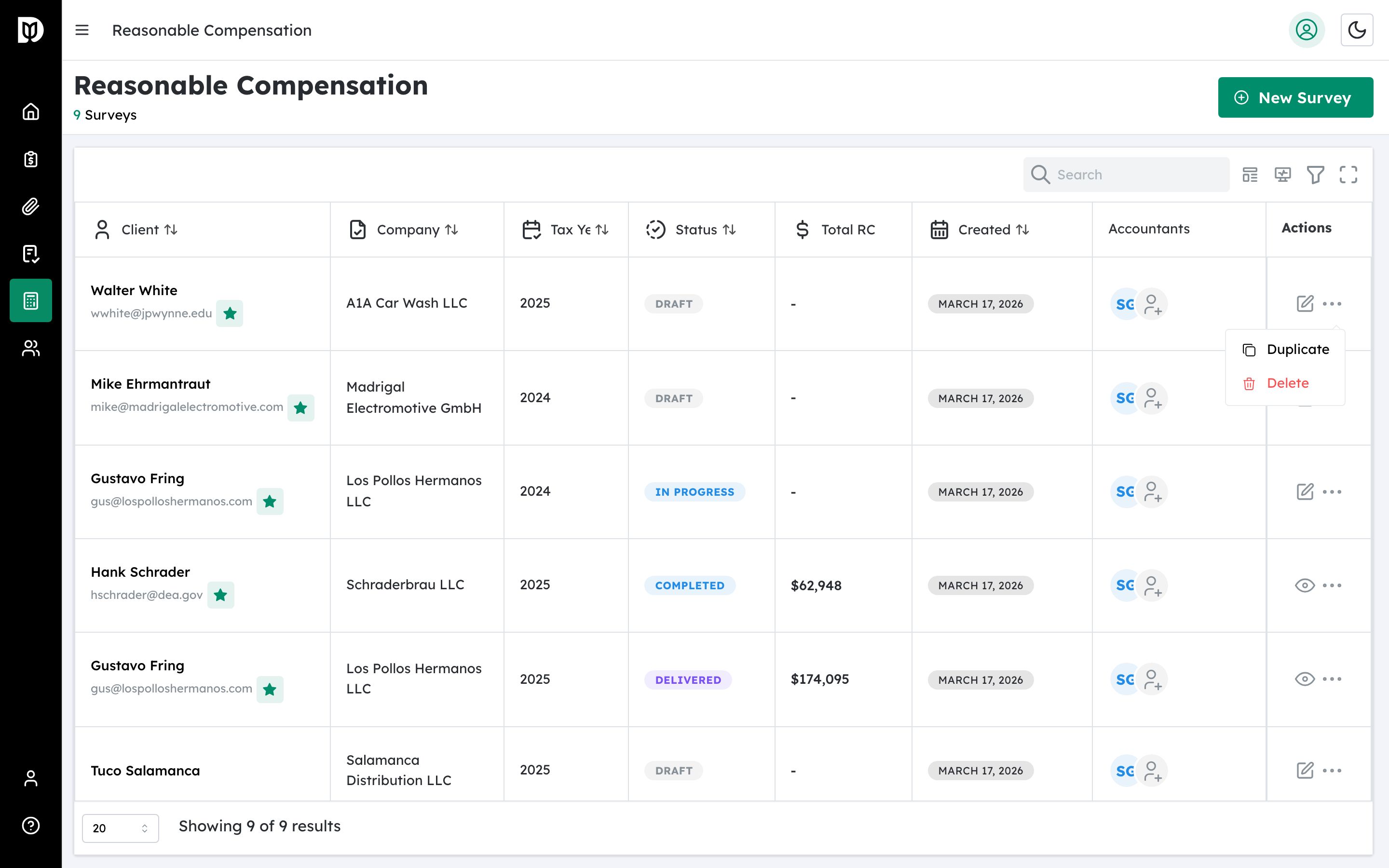 Open action menu showing Duplicate and Delete options