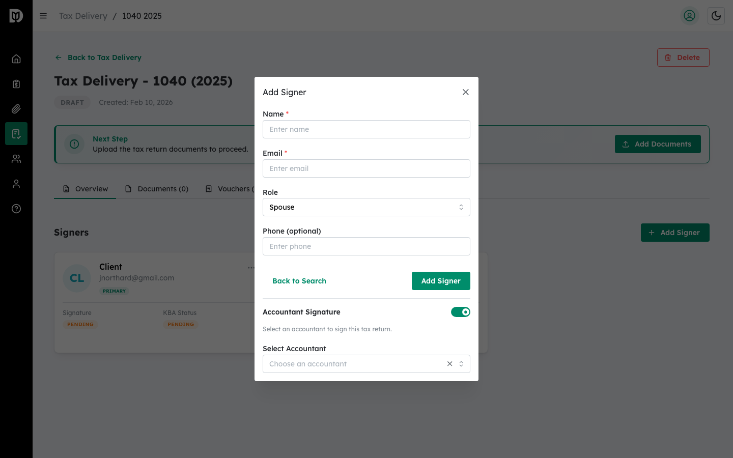 Add Signer modal with search field and role selector